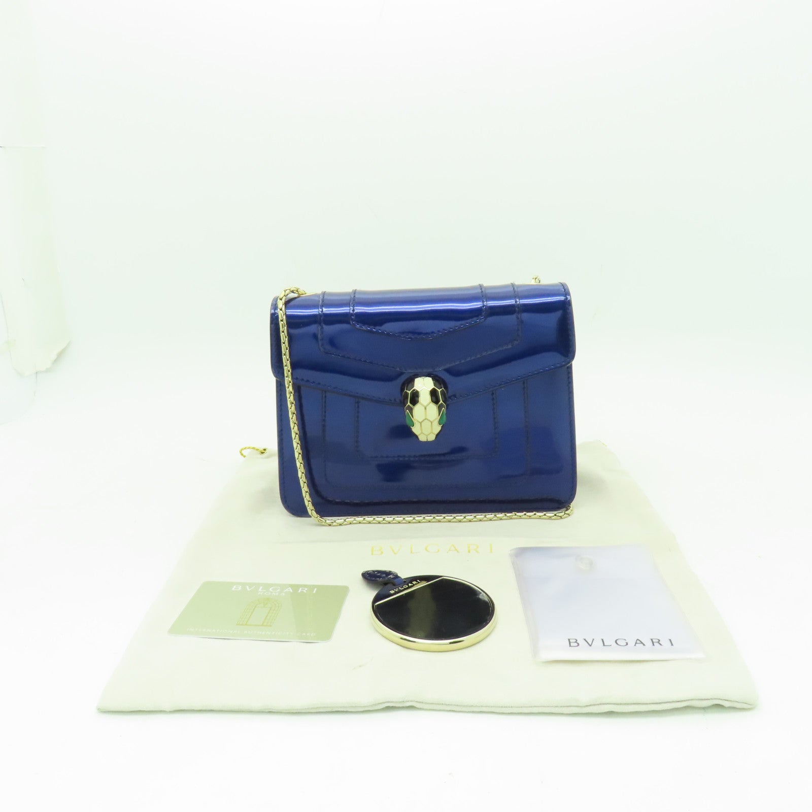 BVLGARI 漆皮皮革Serpenti Forever金扣鏈帶肩背袋藍色