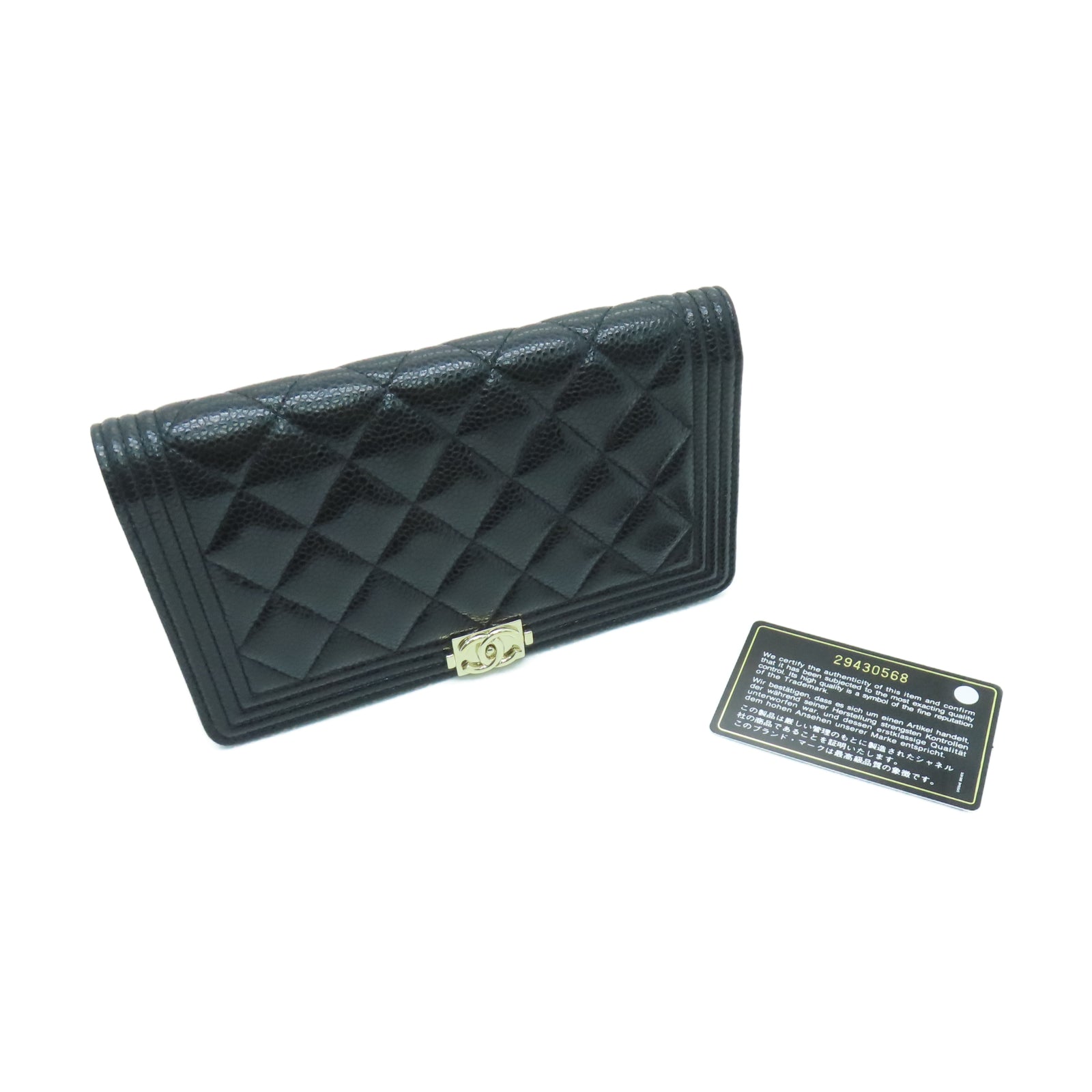 CHANEL 菱格Caviar皮革Boy Wallet金扣長錢包黑色