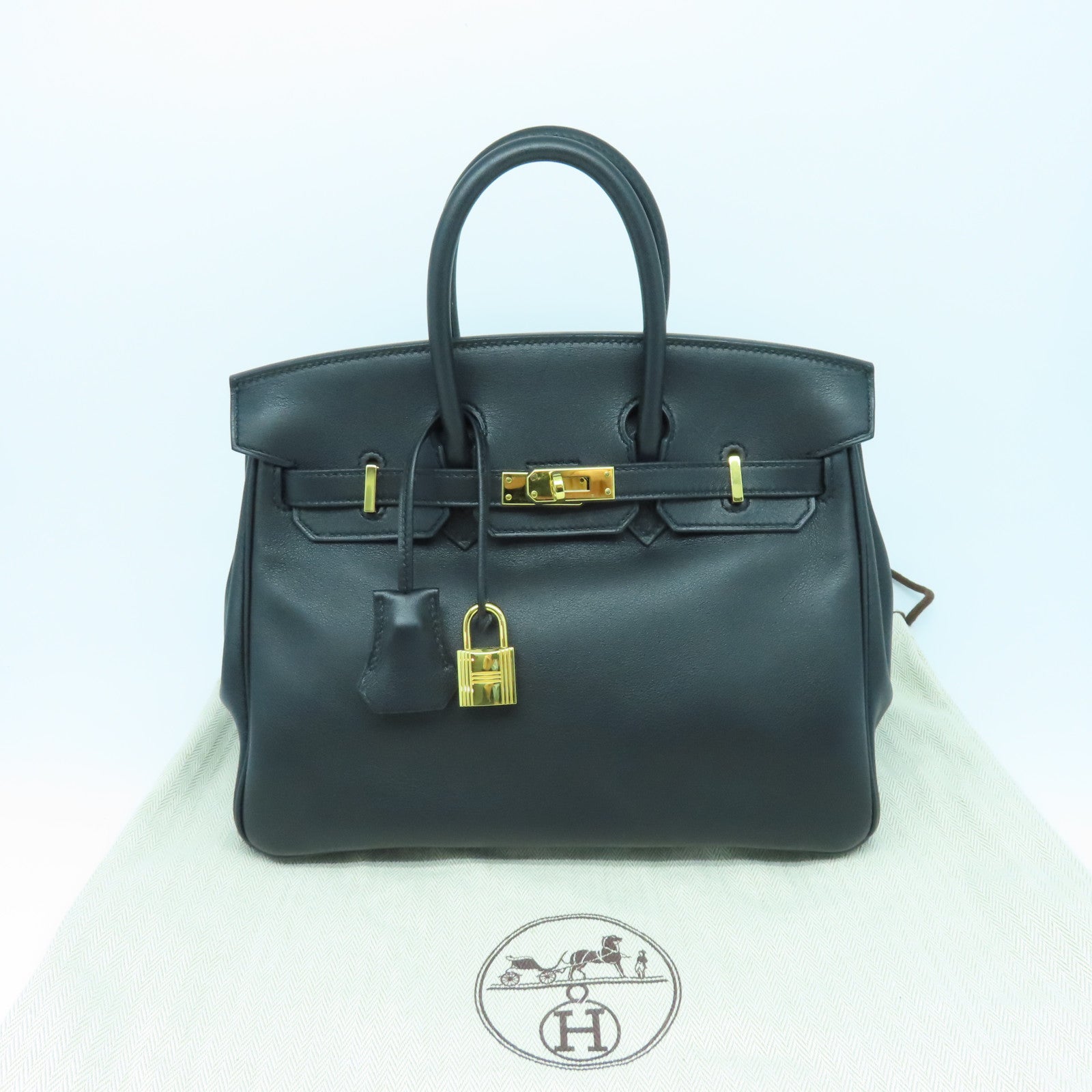HERMES Swift Leather Birkin 25 Gold Buckle Hand Bag Noir/Black