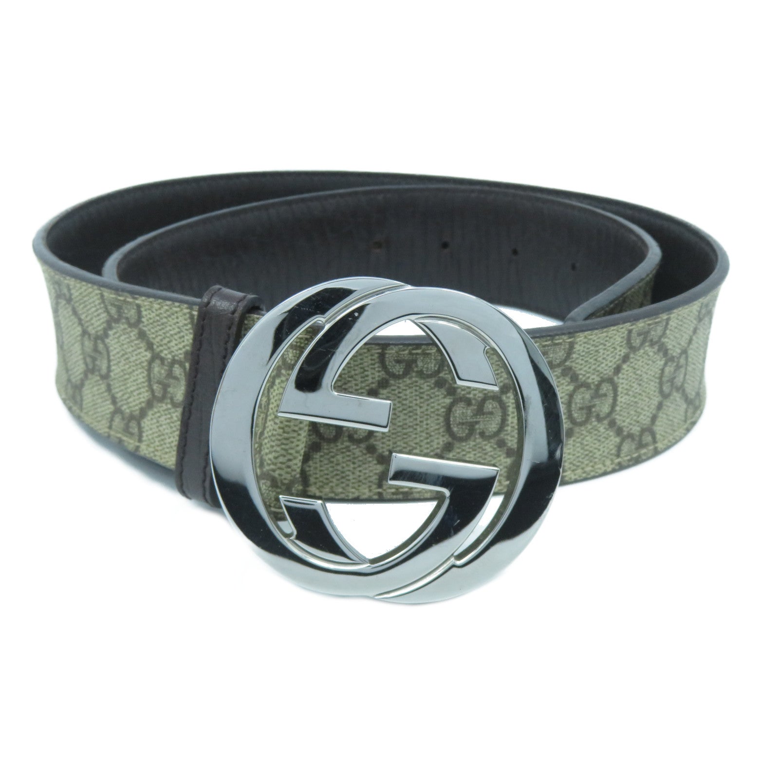 GUCCI 皮革Belt銀扣皮帶米色/啡色