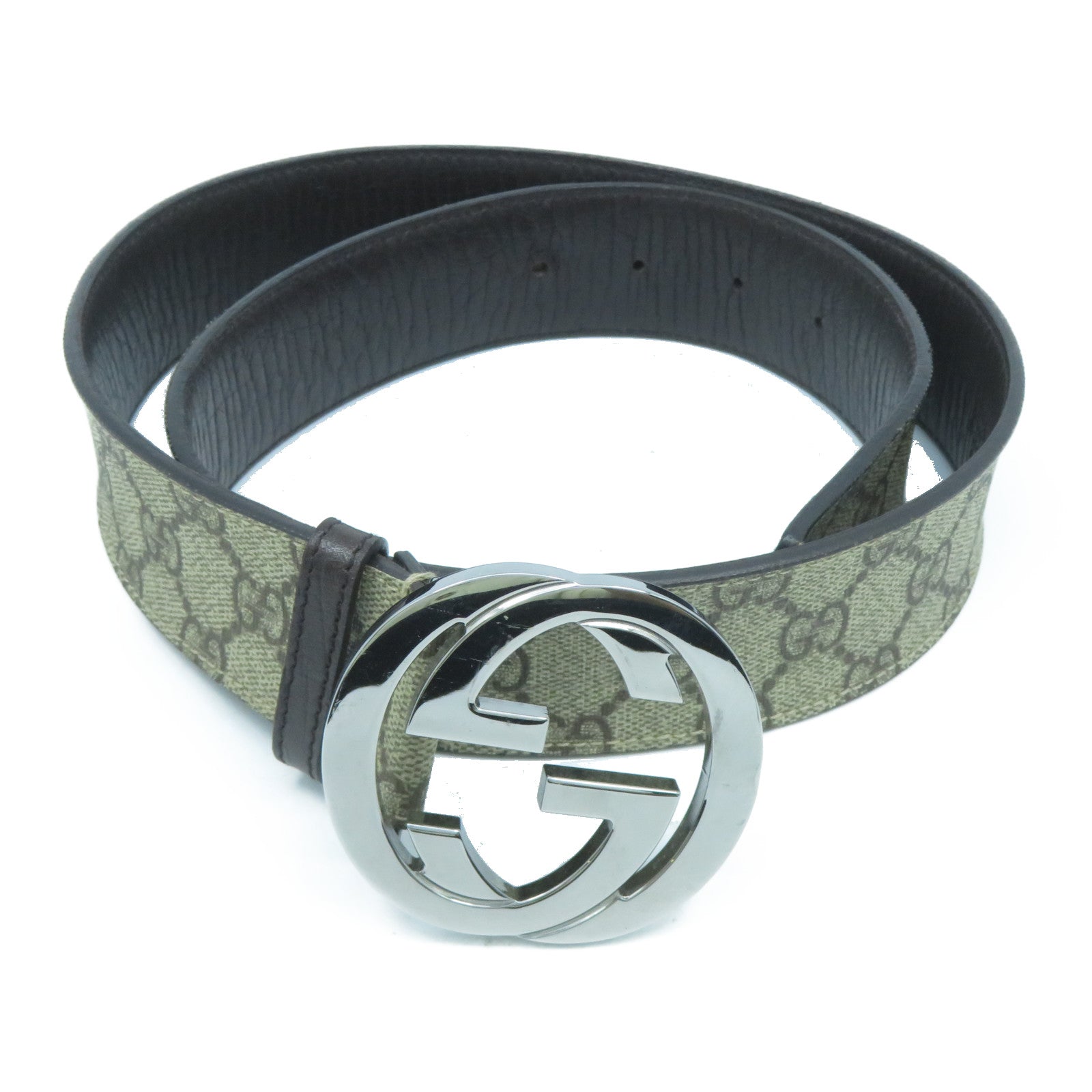 GUCCI 皮革Belt銀扣皮帶米色/啡色