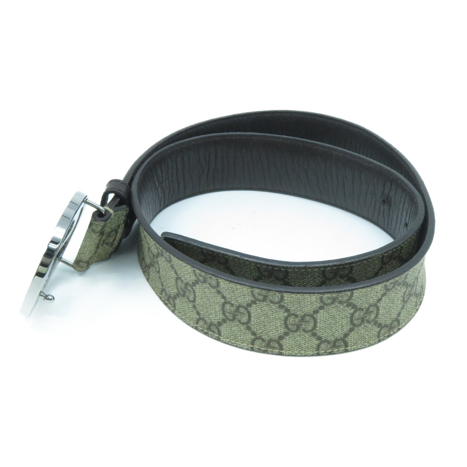 GUCCI 皮革Belt銀扣皮帶米色/啡色