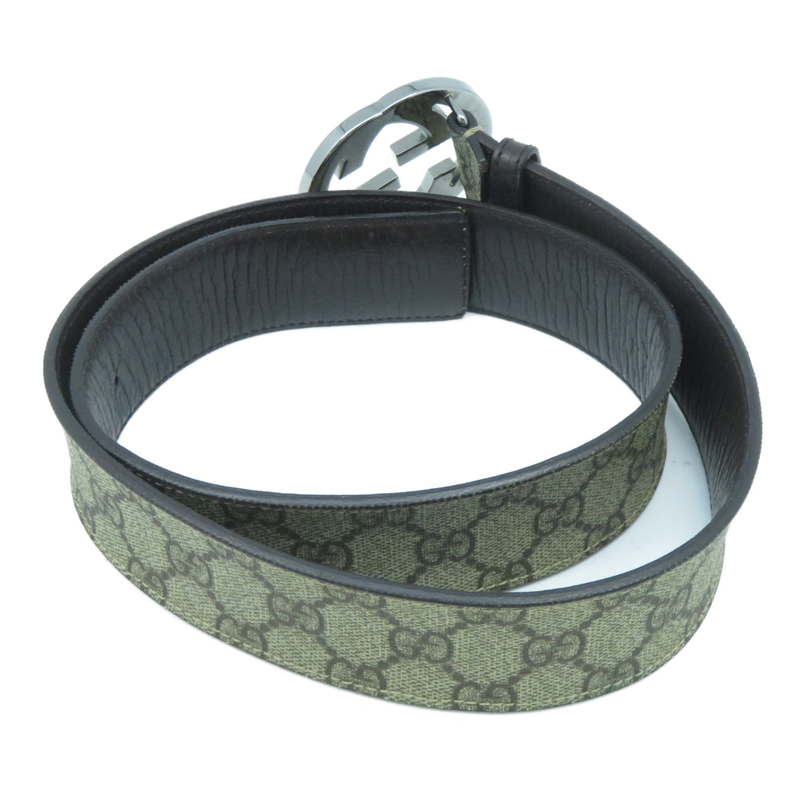 GUCCI 皮革Belt銀扣皮帶米色/啡色