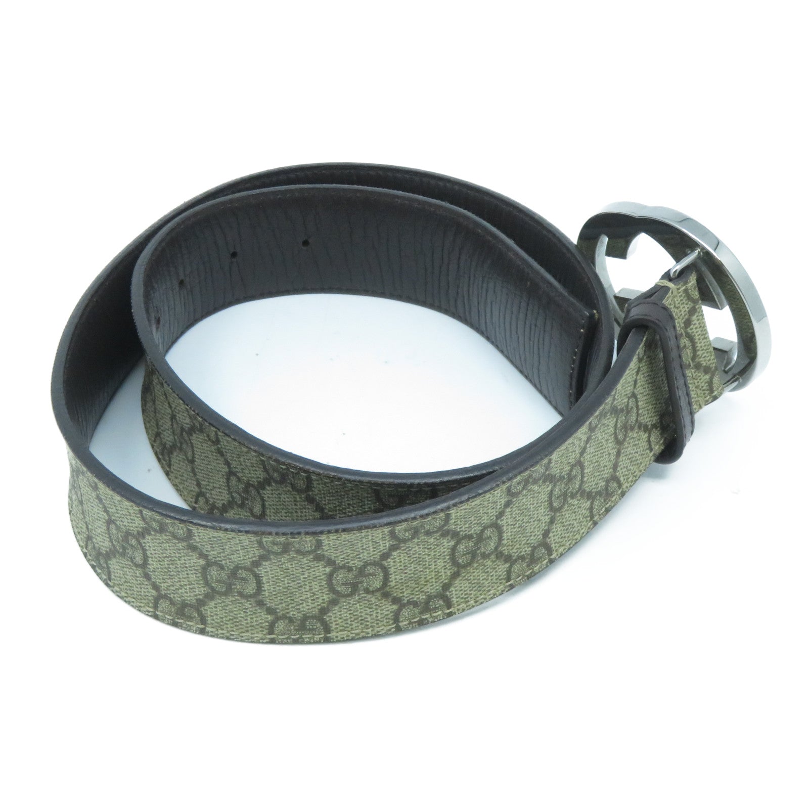 GUCCI 皮革Belt銀扣皮帶米色/啡色