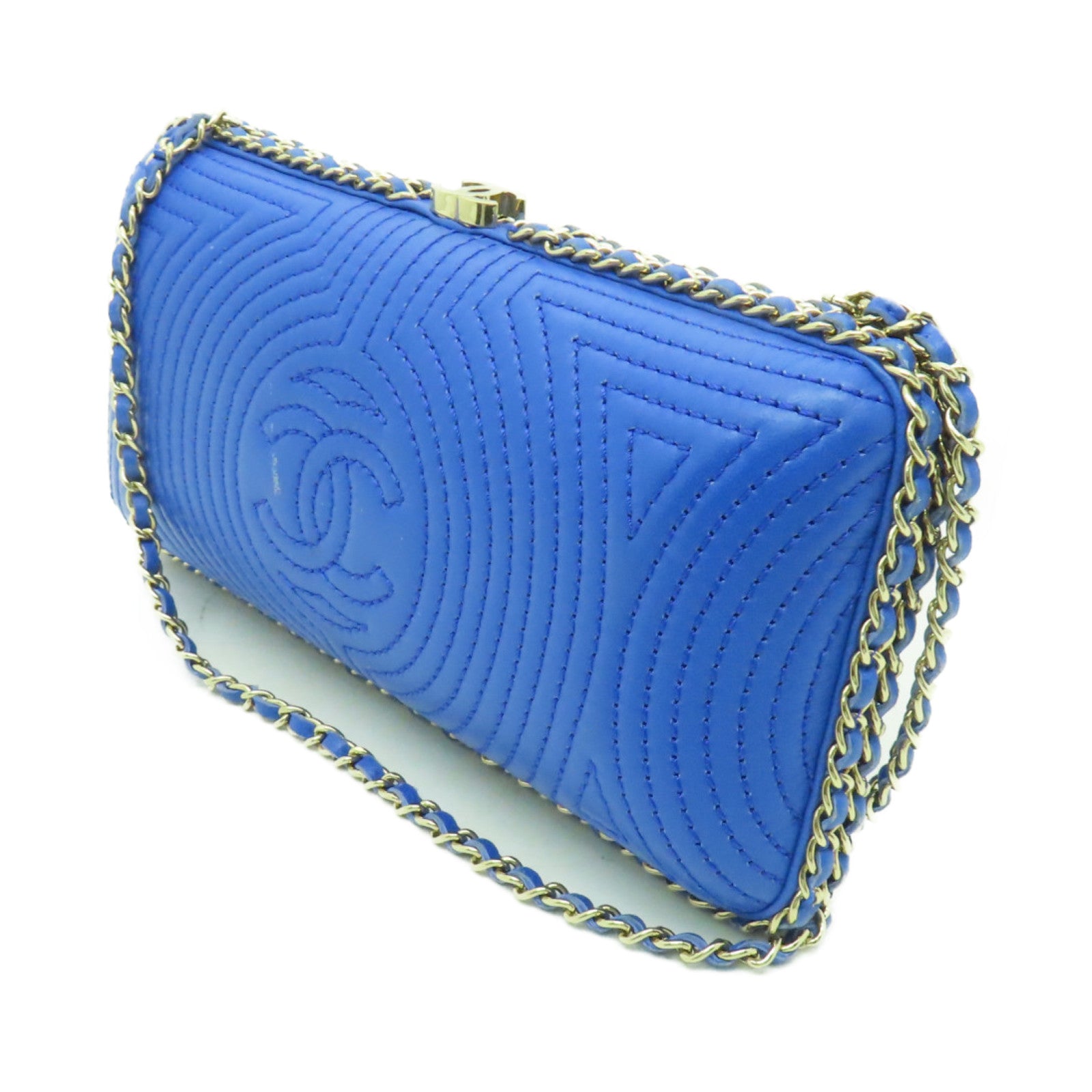 CHANEL 羊皮皮革Chain Shoulder Bag金扣鏈帶肩背袋藍色