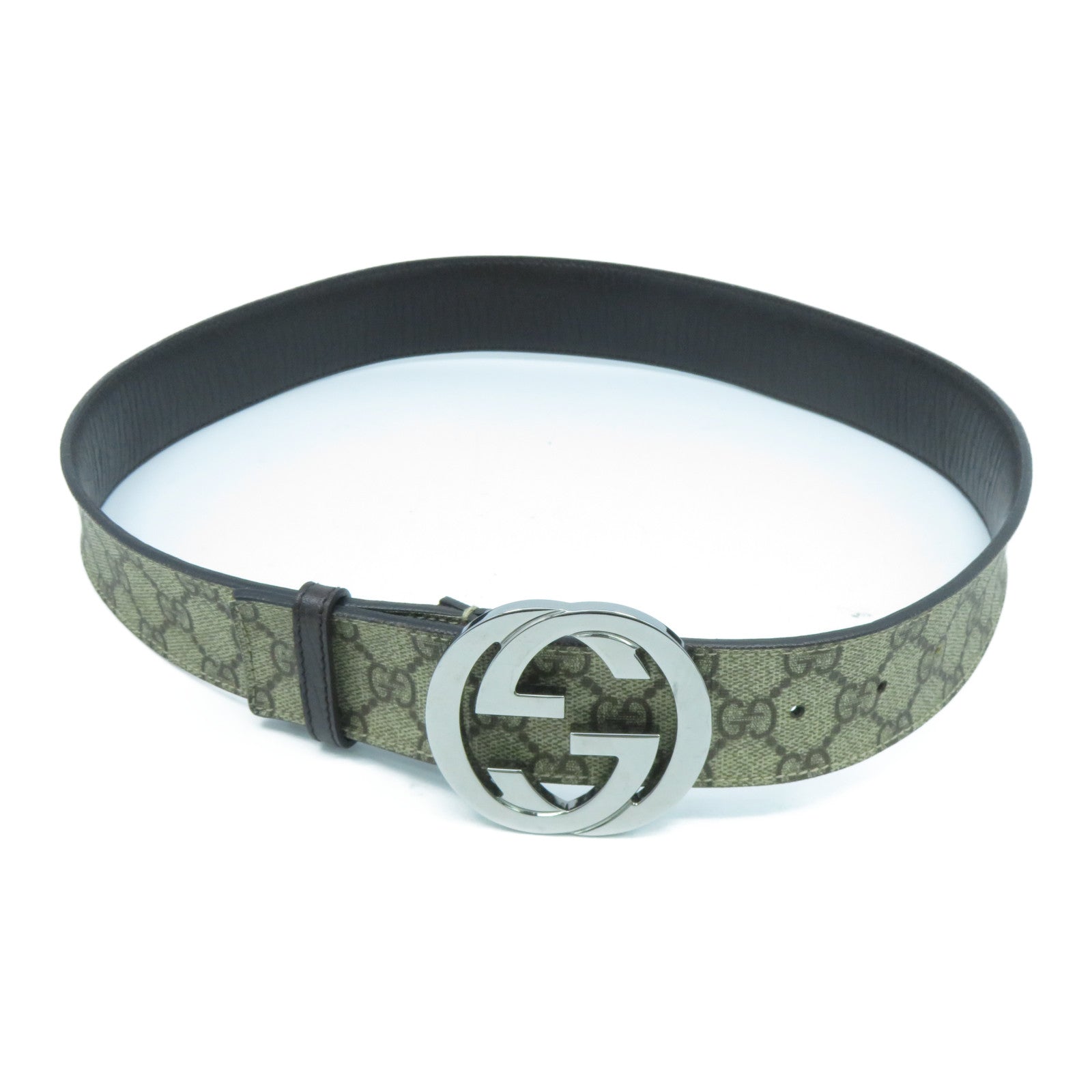 GUCCI 皮革Belt銀扣皮帶米色/啡色