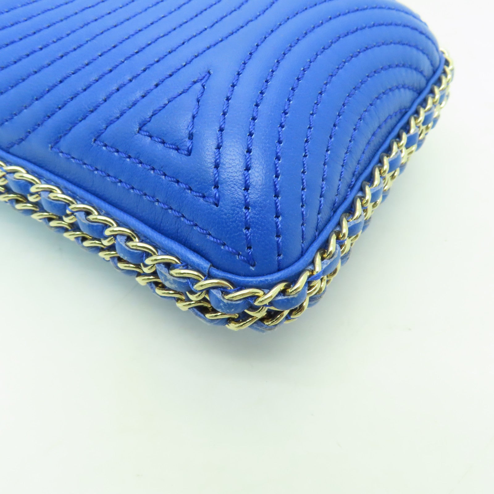CHANEL 羊皮皮革Chain Shoulder Bag金扣鏈帶肩背袋藍色