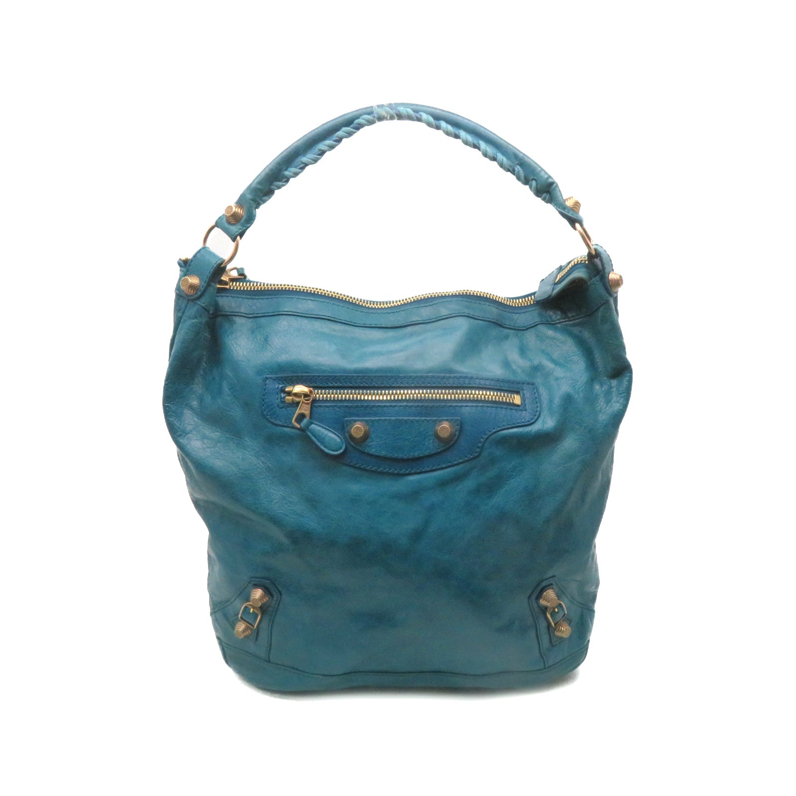 BALENCIAGA Leather Shoulder Bag Green Blue