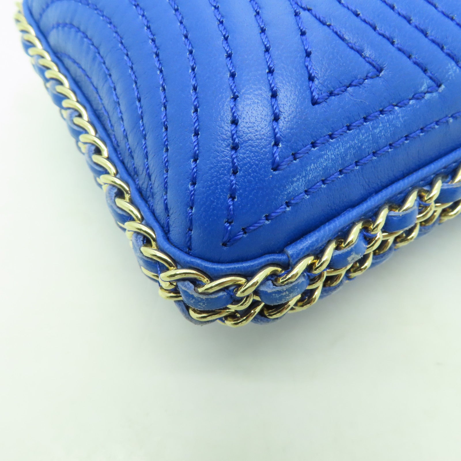 CHANEL 羊皮皮革Chain Shoulder Bag金扣鏈帶肩背袋藍色