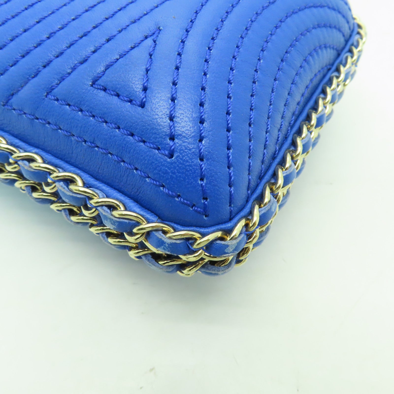 CHANEL 羊皮皮革Chain Shoulder Bag金扣鏈帶肩背袋藍色