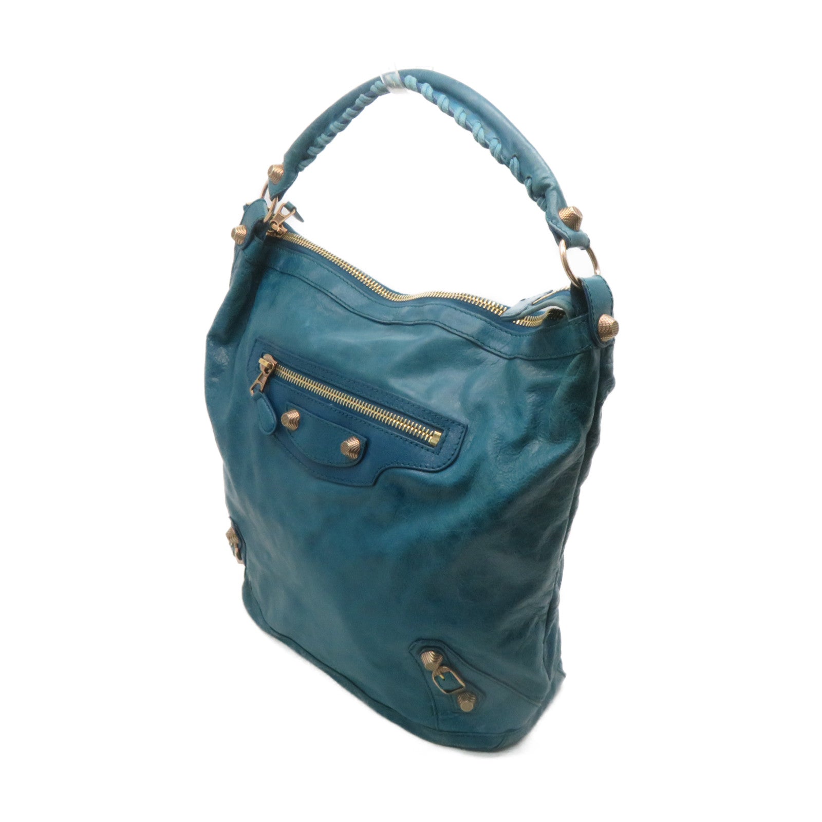 BALENCIAGA Leather Shoulder Bag Green Blue
