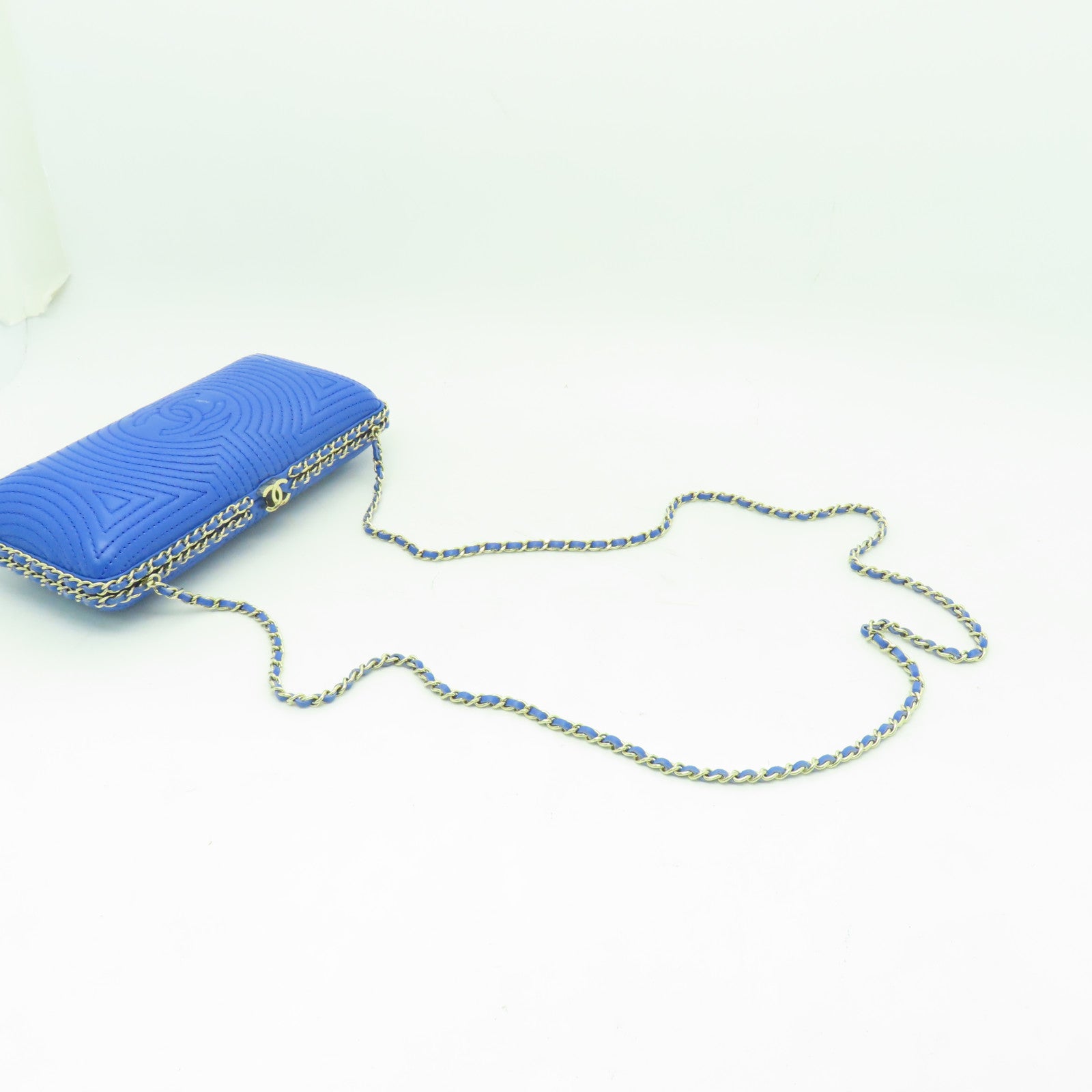 CHANEL 羊皮皮革Chain Shoulder Bag金扣鏈帶肩背袋藍色