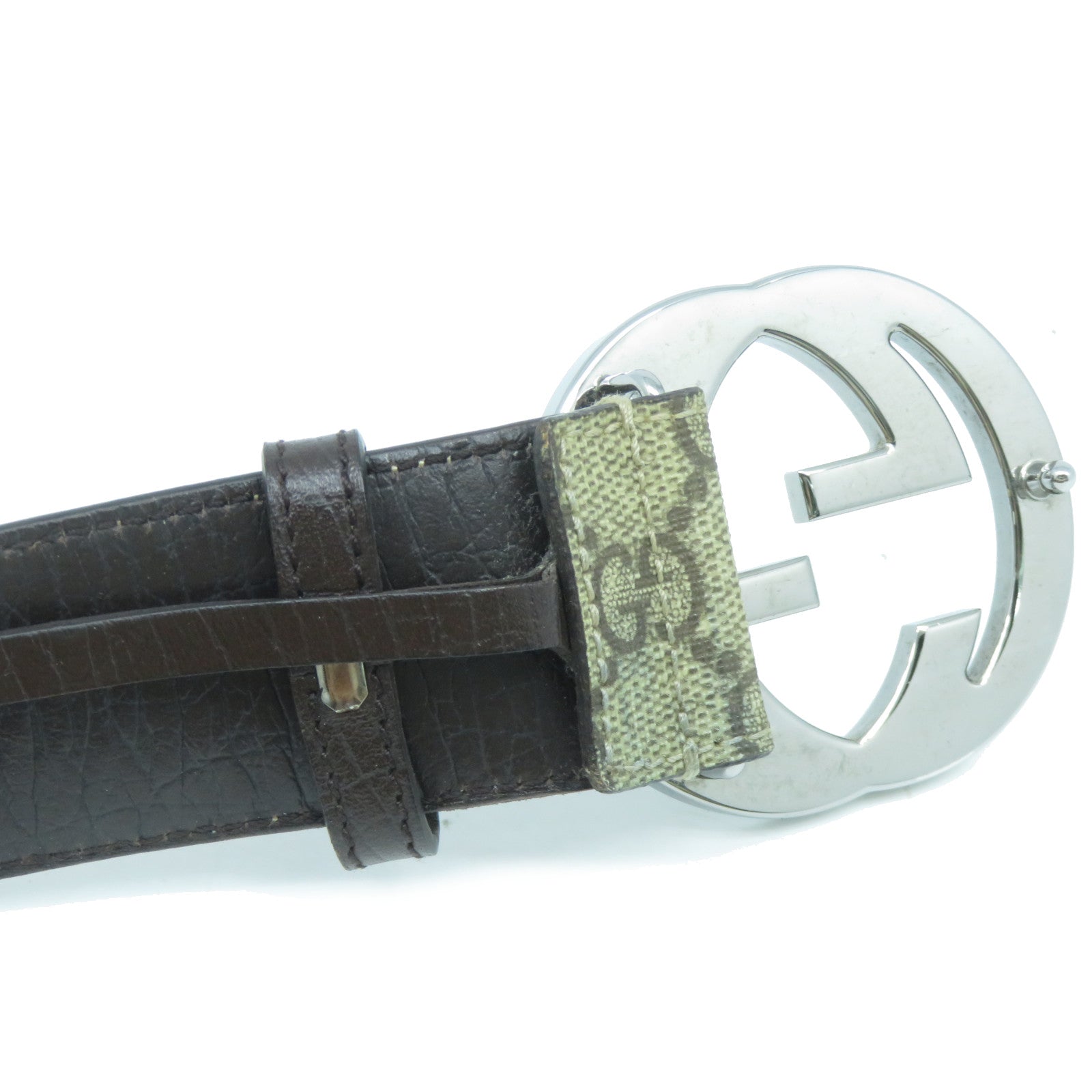 GUCCI 皮革Belt銀扣皮帶米色/啡色
