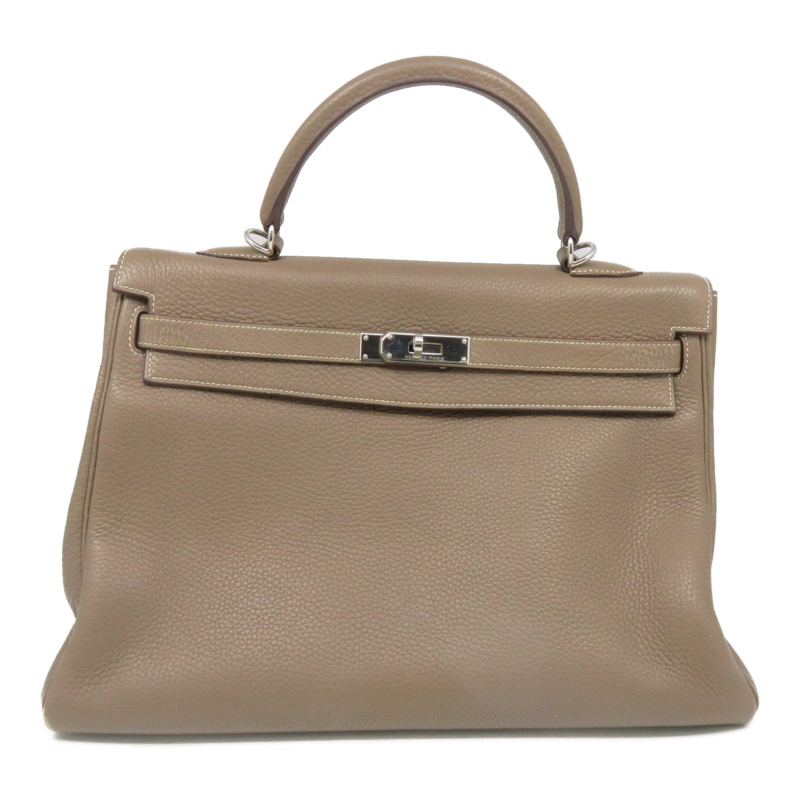 HERMES 【激減優惠】Clemence皮革Kelly 35銀扣手挽袋米色