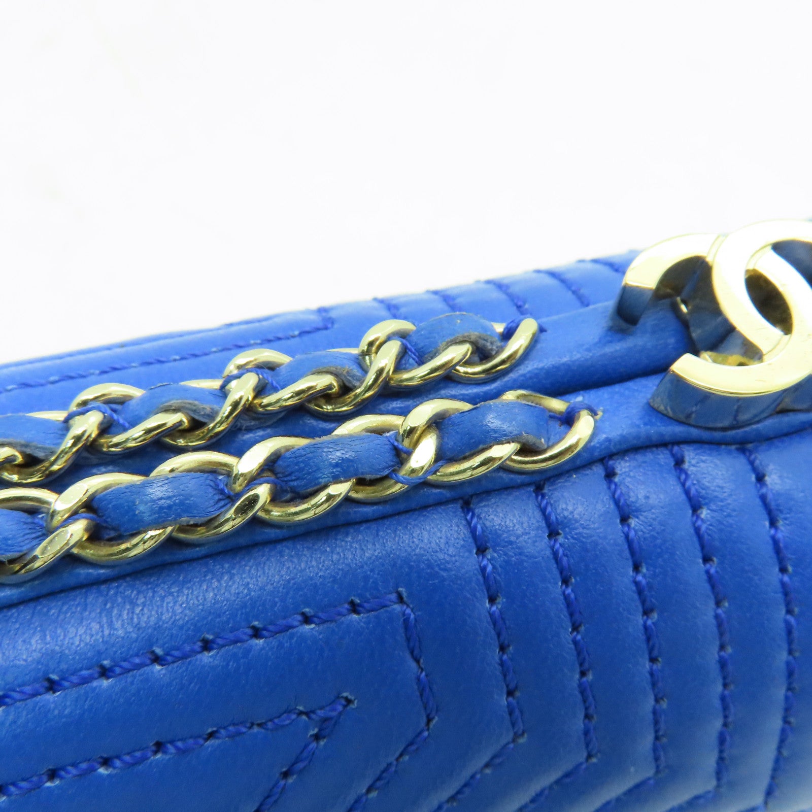 CHANEL 羊皮皮革Chain Shoulder Bag金扣鏈帶肩背袋藍色