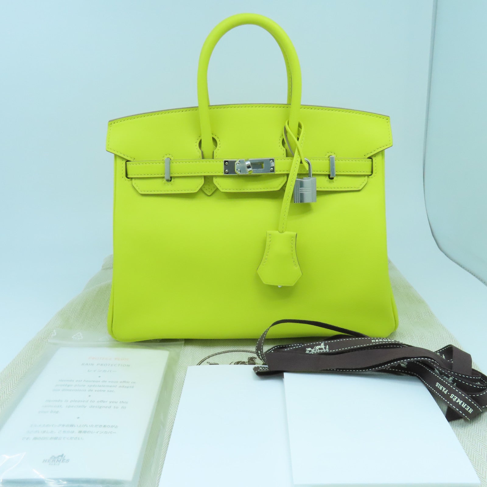 HERMES Swift皮革Birkin 25銀扣手挽袋萊姆黃色