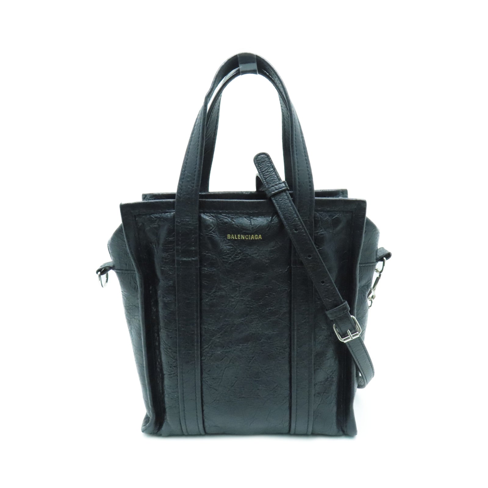 BALENCIAGA 皮革Shopper Bazar銀扣手挽肩背兩用袋黑色