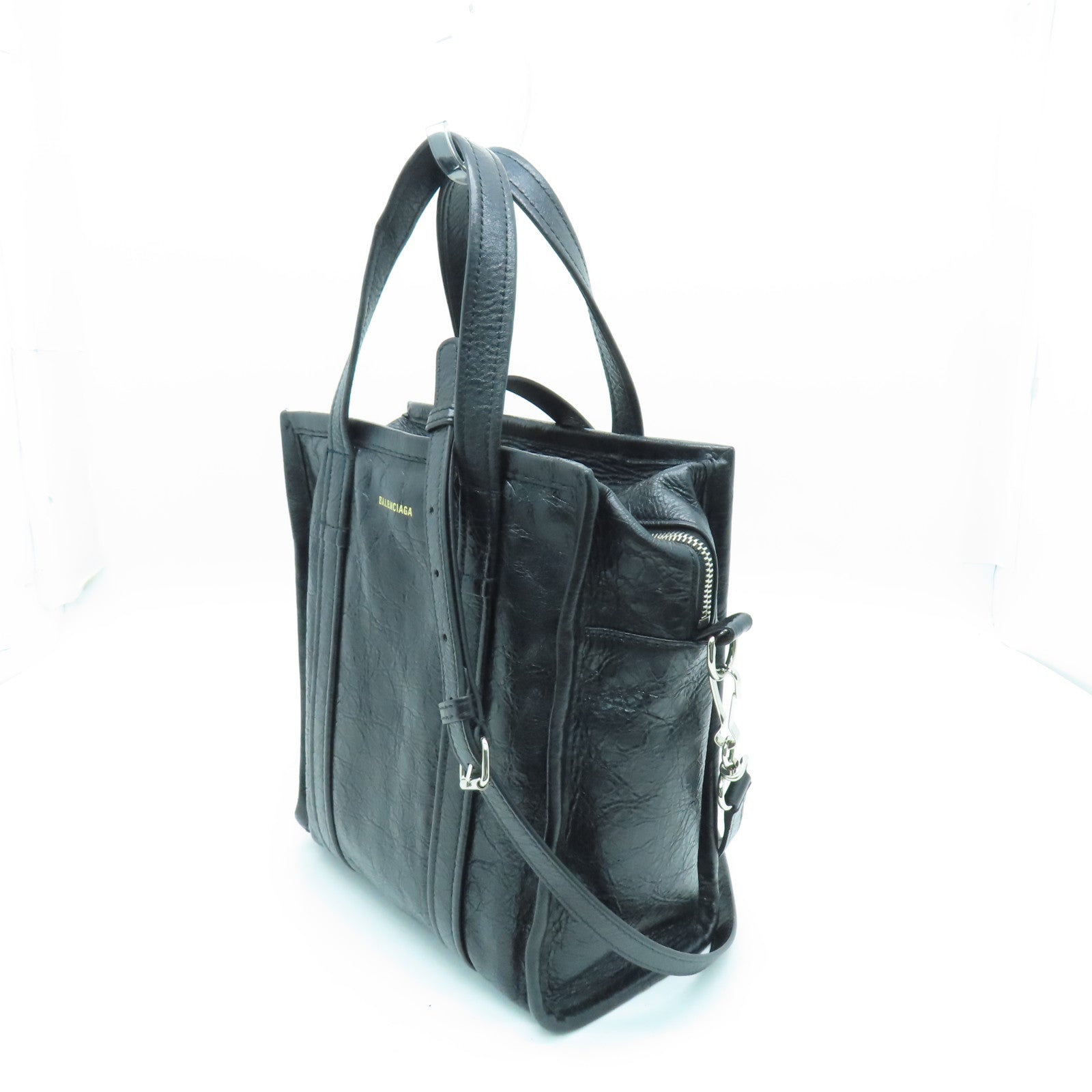 BALENCIAGA 皮革Shopper Bazar銀扣手挽肩背兩用袋黑色