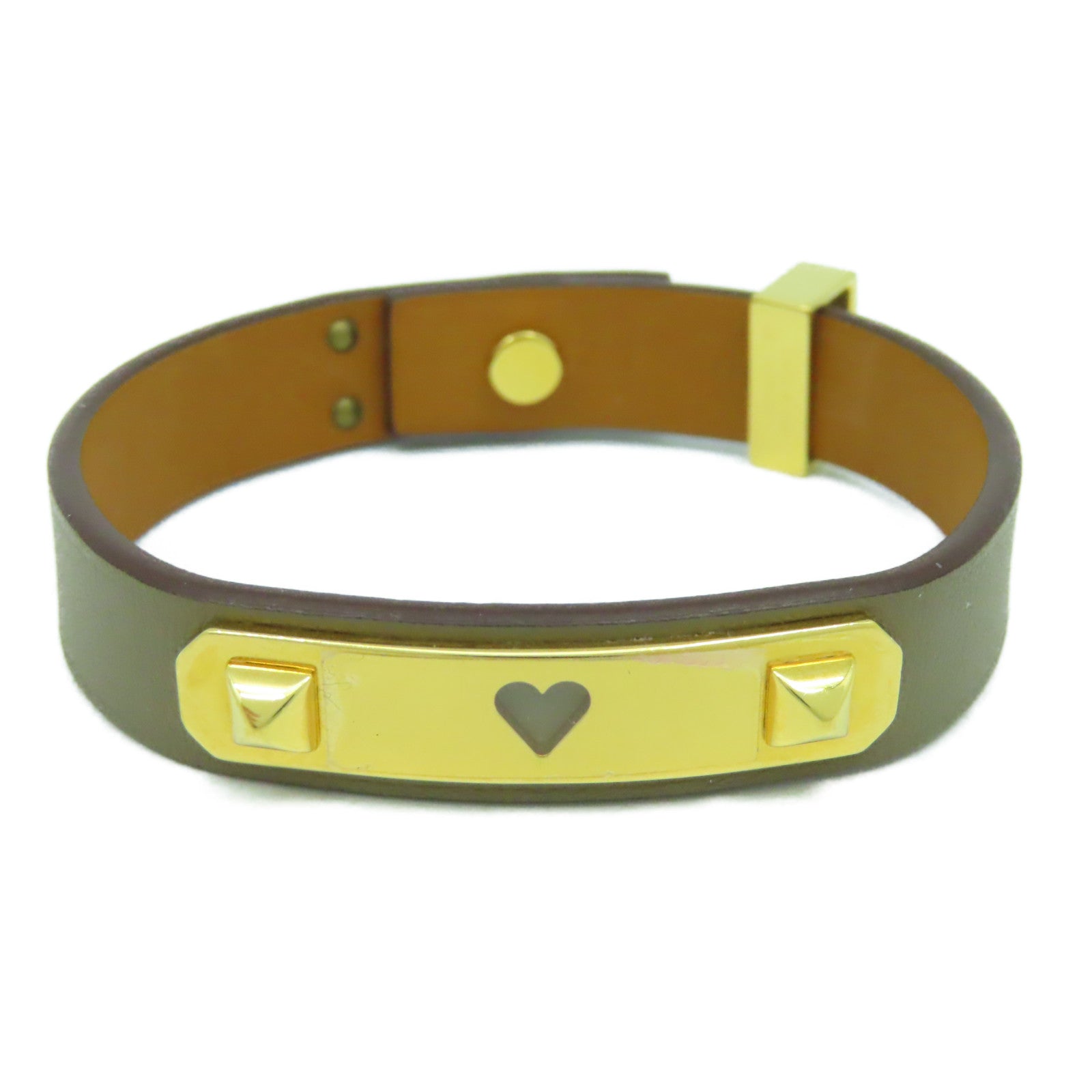 HERMES 皮革/金屬Bracelet手鐲啡色/金色#16cm