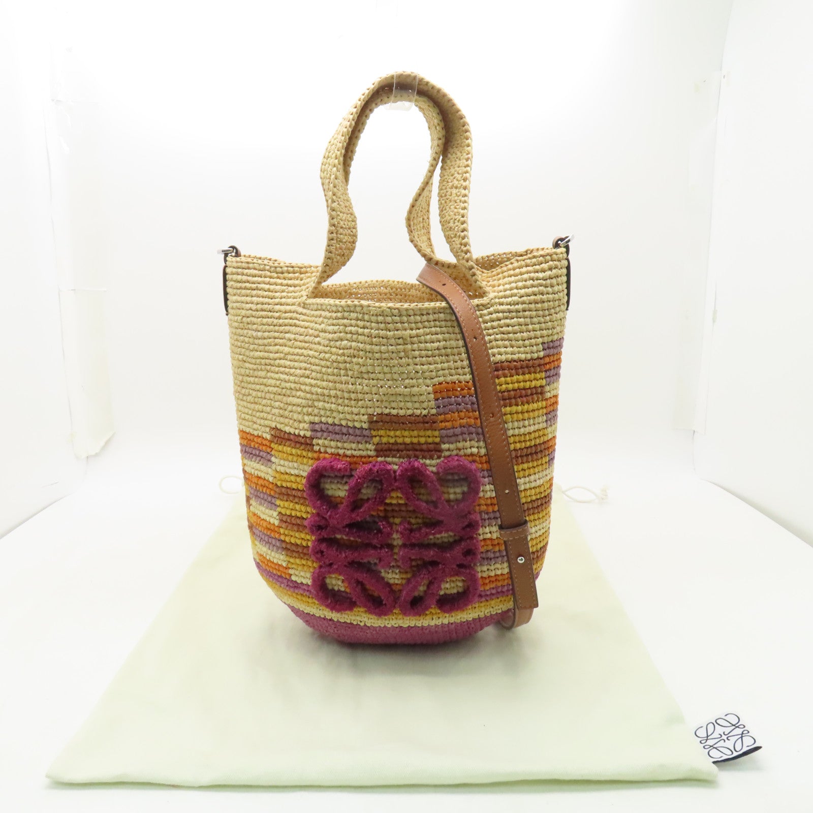 LOEWE 酒椰/牛皮皮革Slit Rainbow Mini銀扣手挽肩背兩用袋米色/彩色