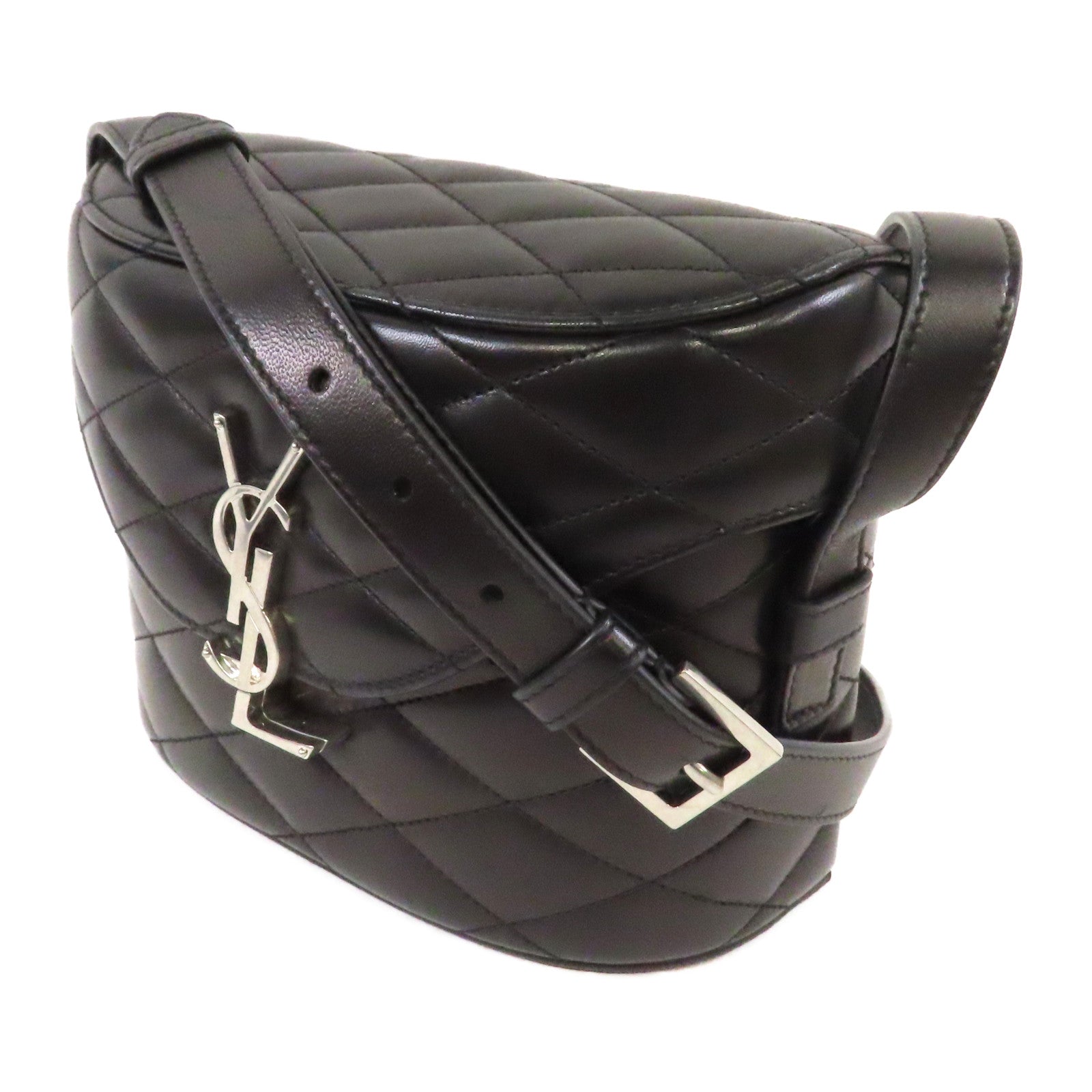 SAINT LAURENT 羊皮皮革Shoulder Bag銀扣肩背袋黑色