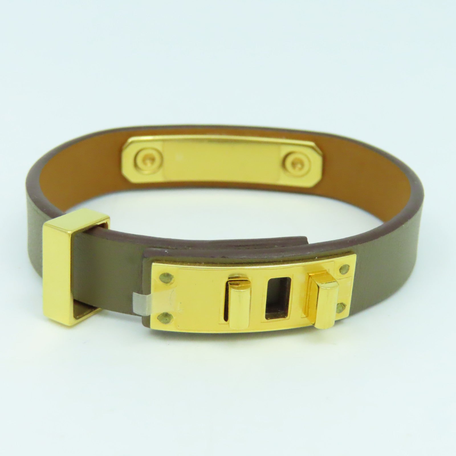 HERMES 皮革/金屬Bracelet手鐲啡色/金色#16cm