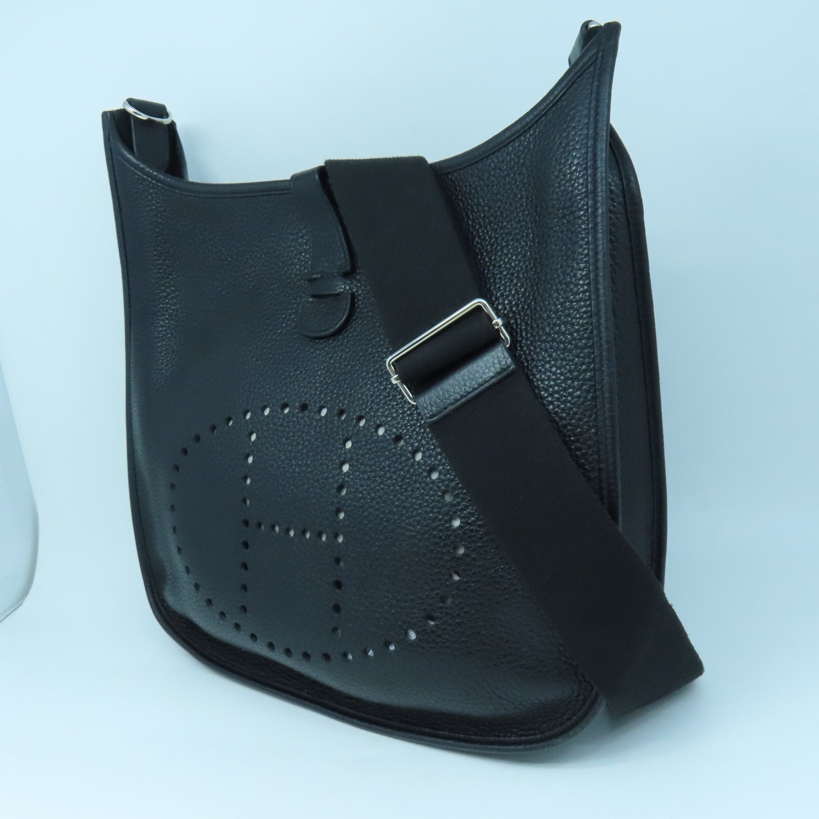 HERMES Clemence Leather Evelyne GM Silver Buckle Shoulder Bag Black
