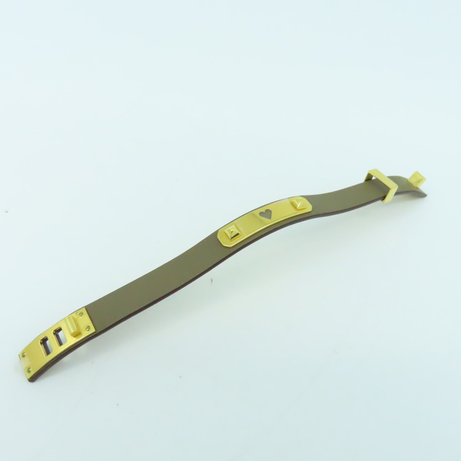 HERMES 皮革/金屬Bracelet手鐲啡色/金色#16cm