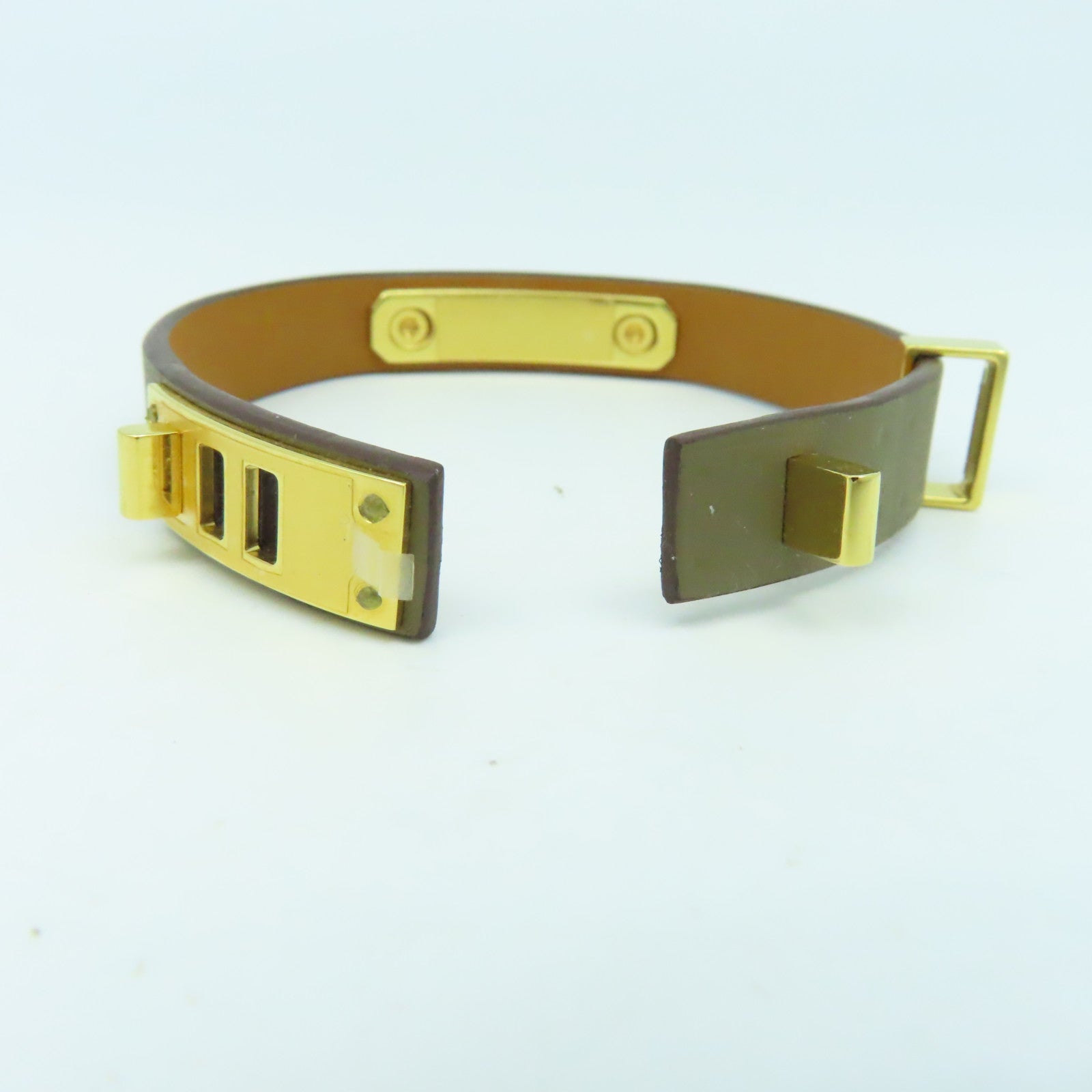 HERMES 皮革/金屬Bracelet手鐲啡色/金色#16cm