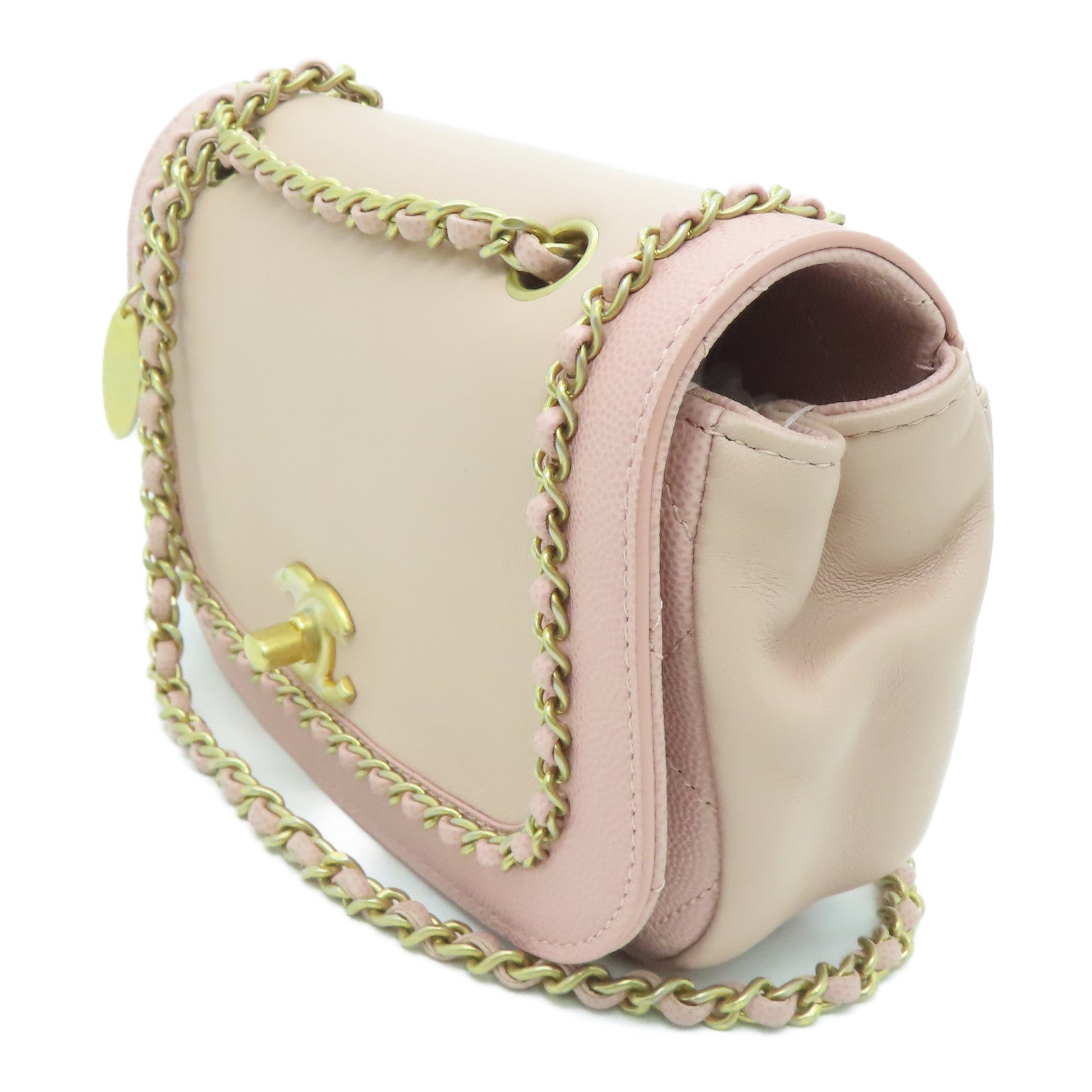 CHANEL 牛皮皮革Chain Shoulder Bag金扣链带肩背袋粉红色