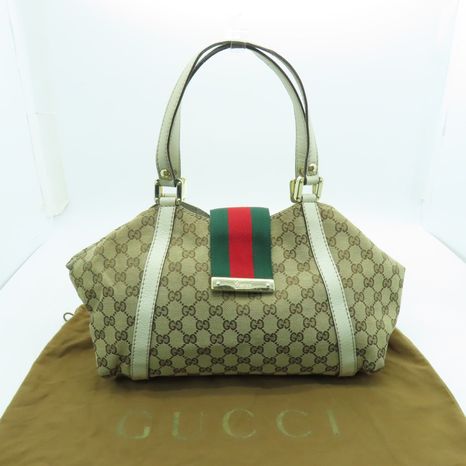GUCCI 帆布Web Flap Tote金扣手挽袋棕色/白色