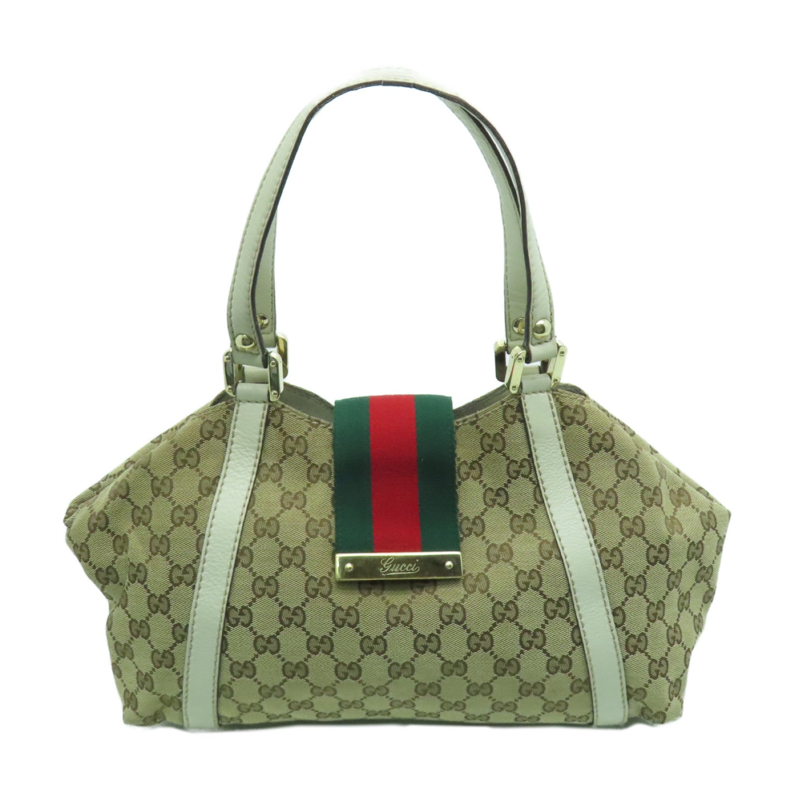 GUCCI 帆布Web Flap Tote金扣手挽袋棕色/白色