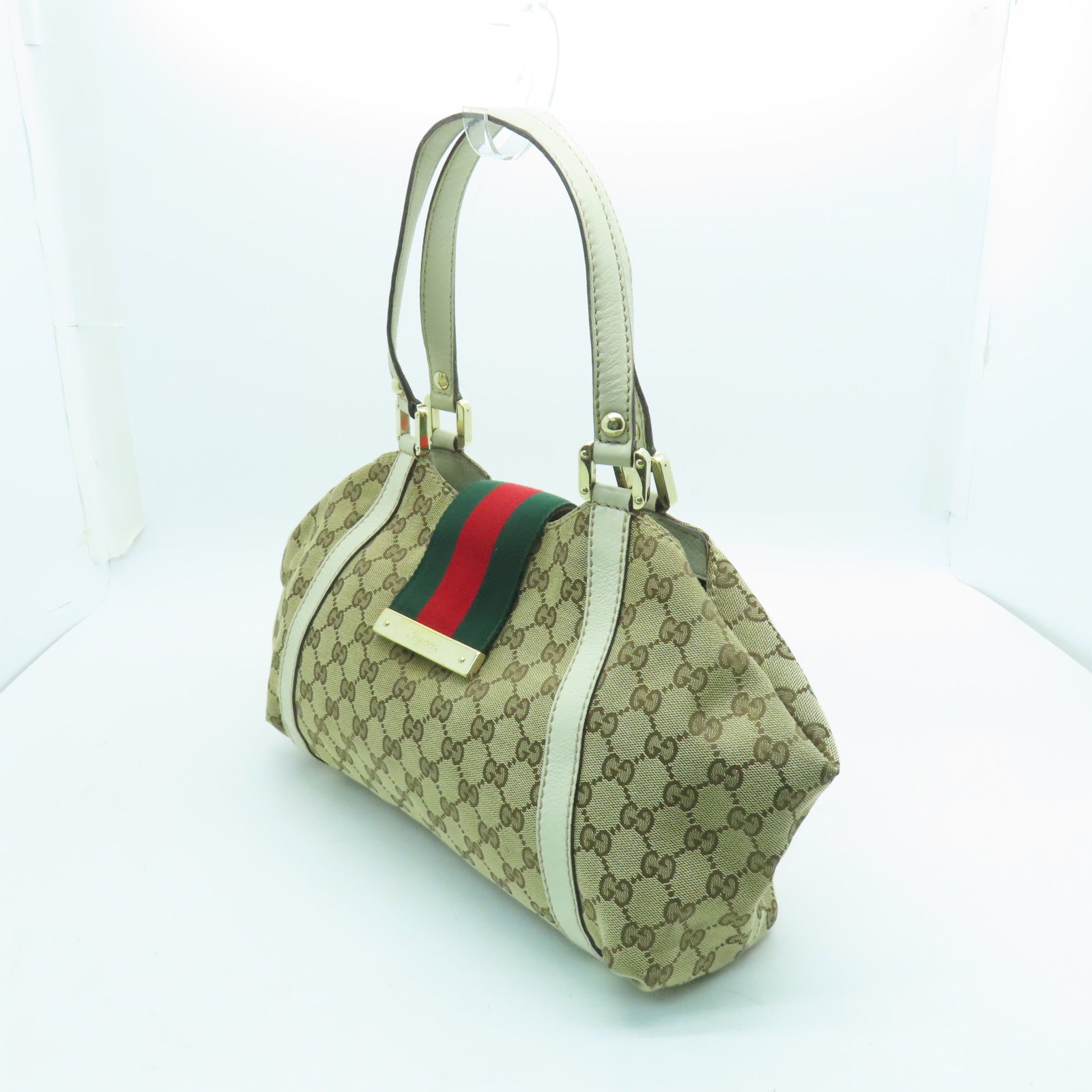GUCCI 帆布Web Flap Tote金扣手挽袋棕色/白色