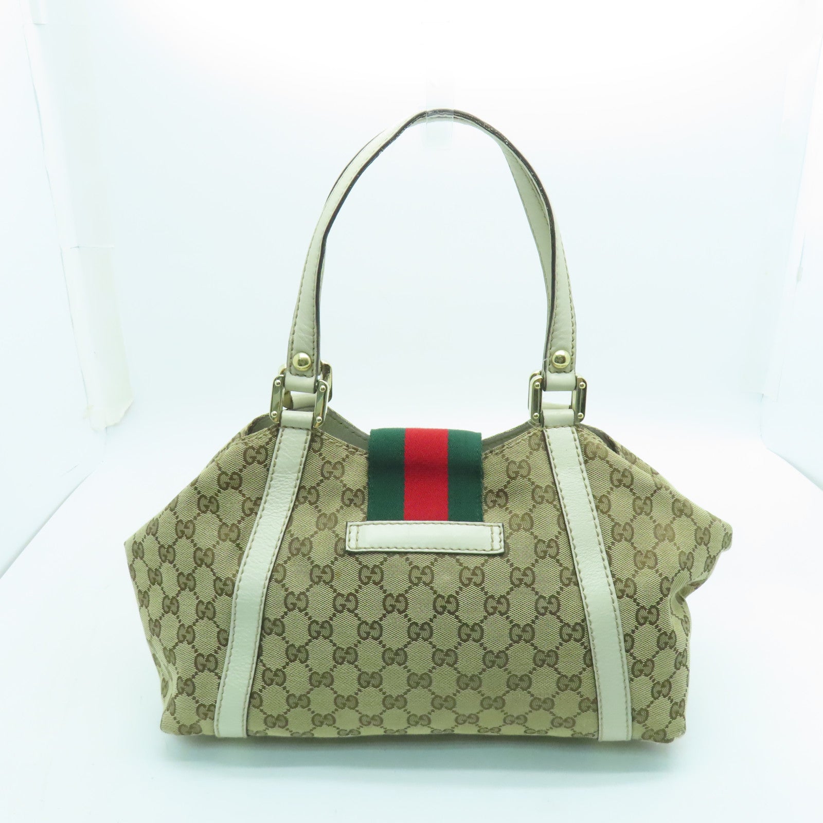 GUCCI 帆布Web Flap Tote金扣手挽袋棕色/白色
