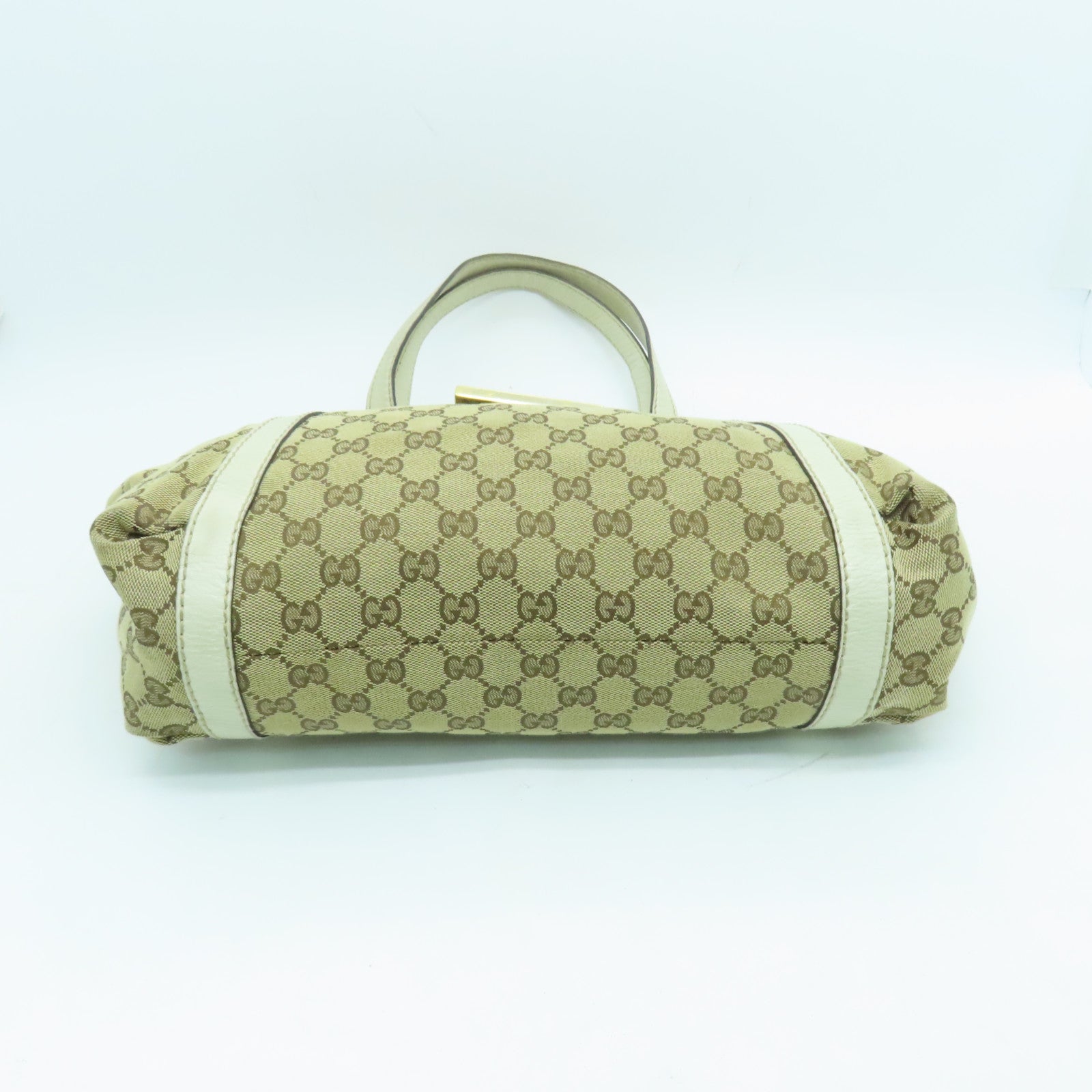 GUCCI 帆布Web Flap Tote金扣手挽袋棕色/白色