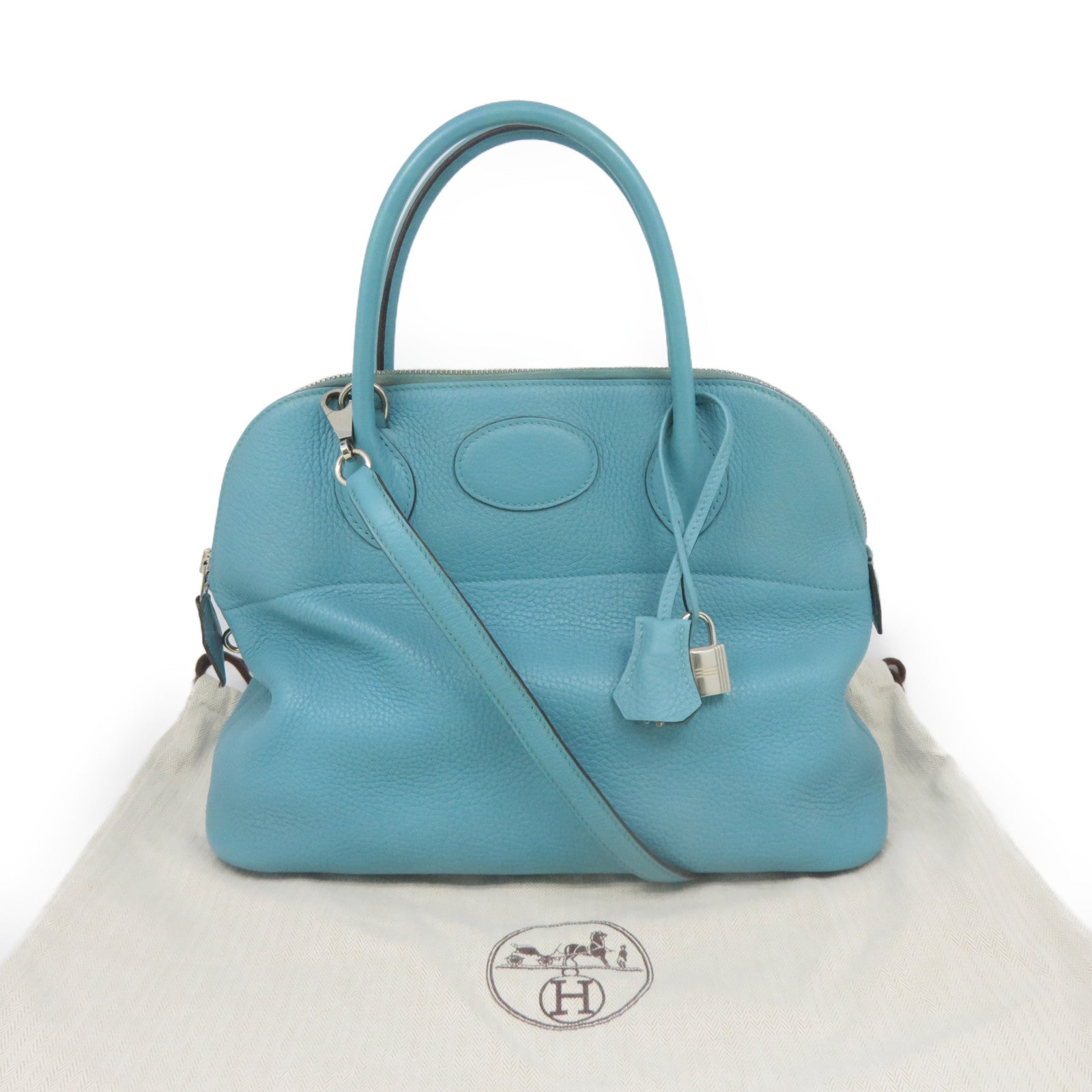 HERMES 【激減優惠】Clemence皮革Bolide 31銀扣手拿包藍色