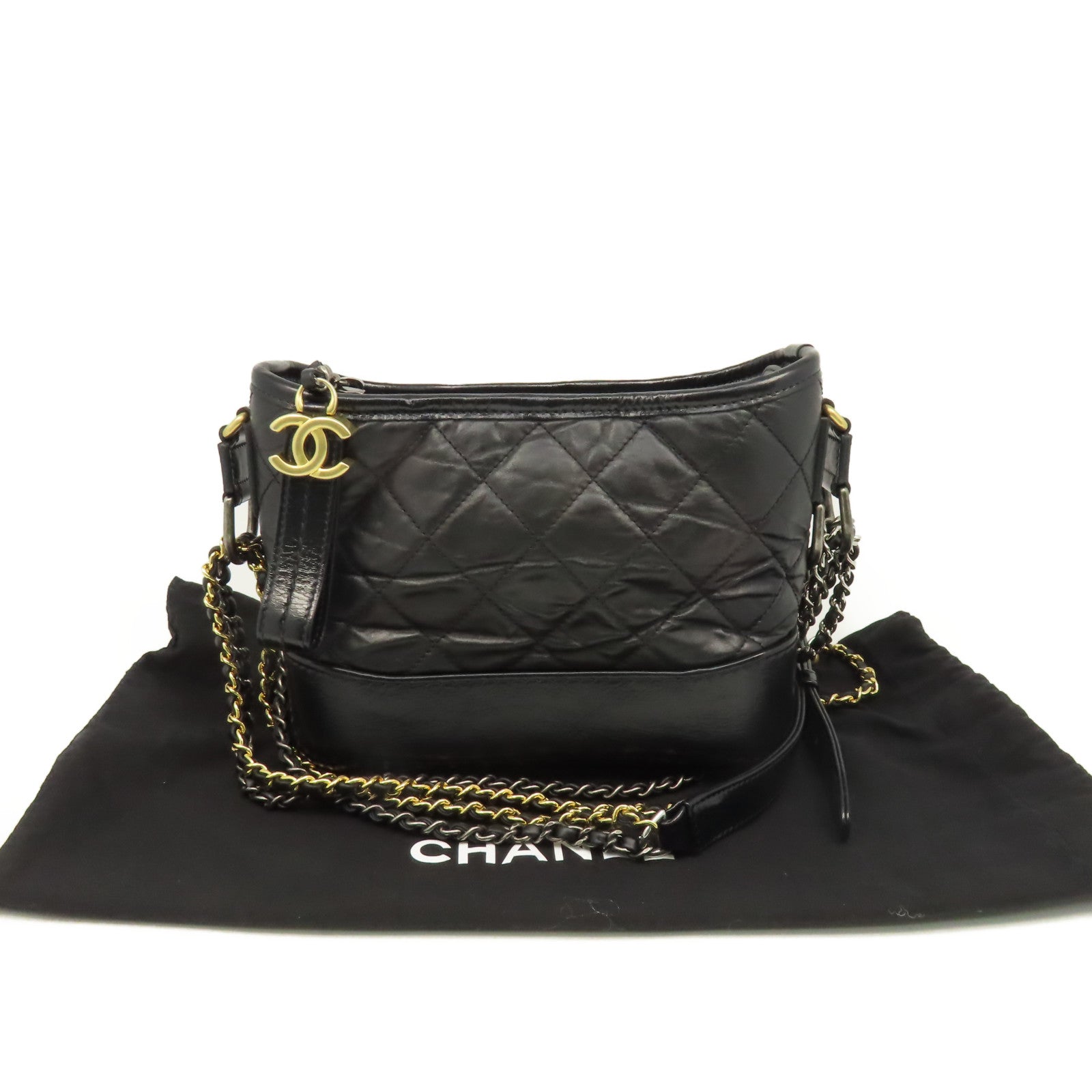 CHANEL 菱格牛皮皮革Gabrielle Hobo Small Chain Shoulder Bag金扣鏈帶肩背袋黑色