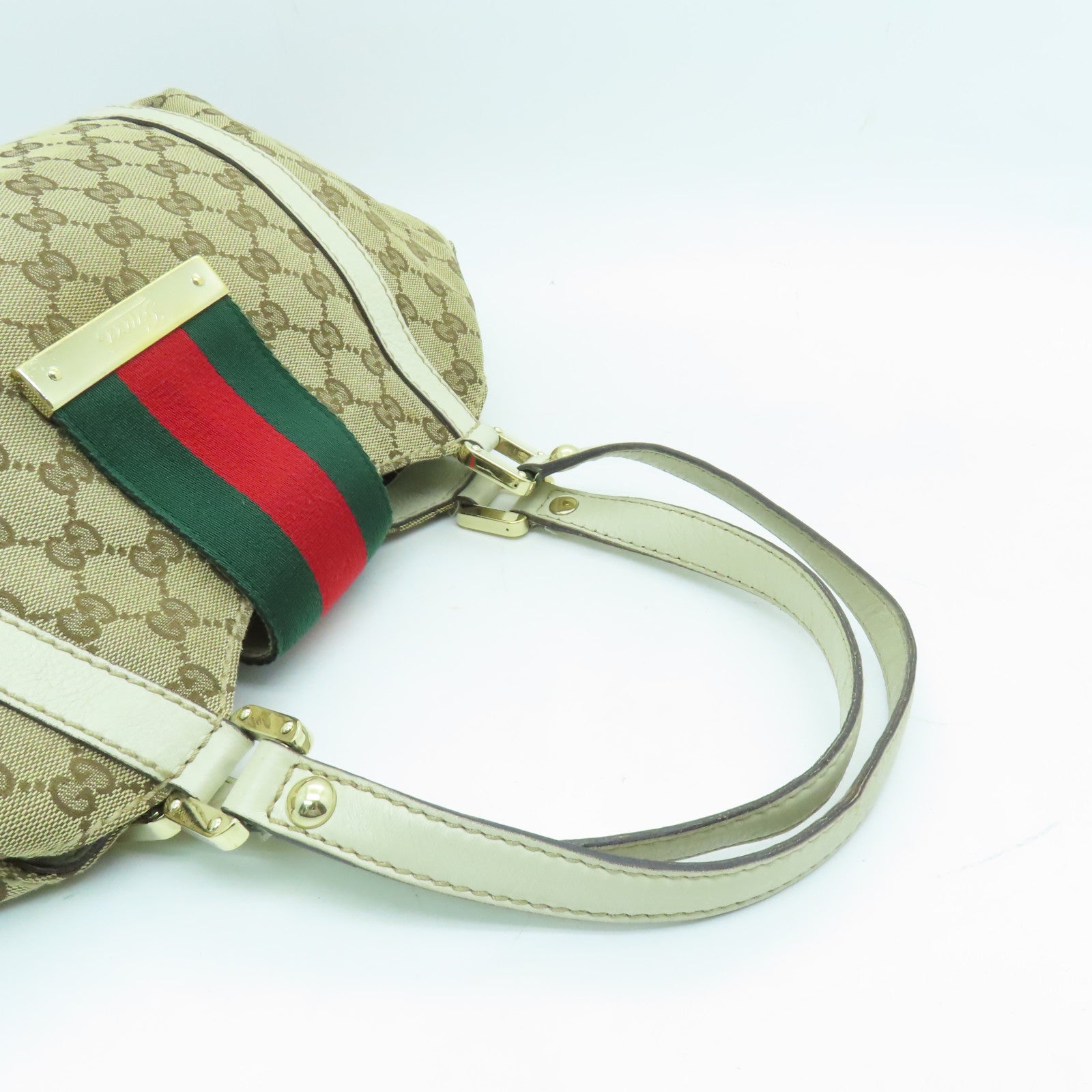 GUCCI 帆布Web Flap Tote金扣手挽袋棕色/白色