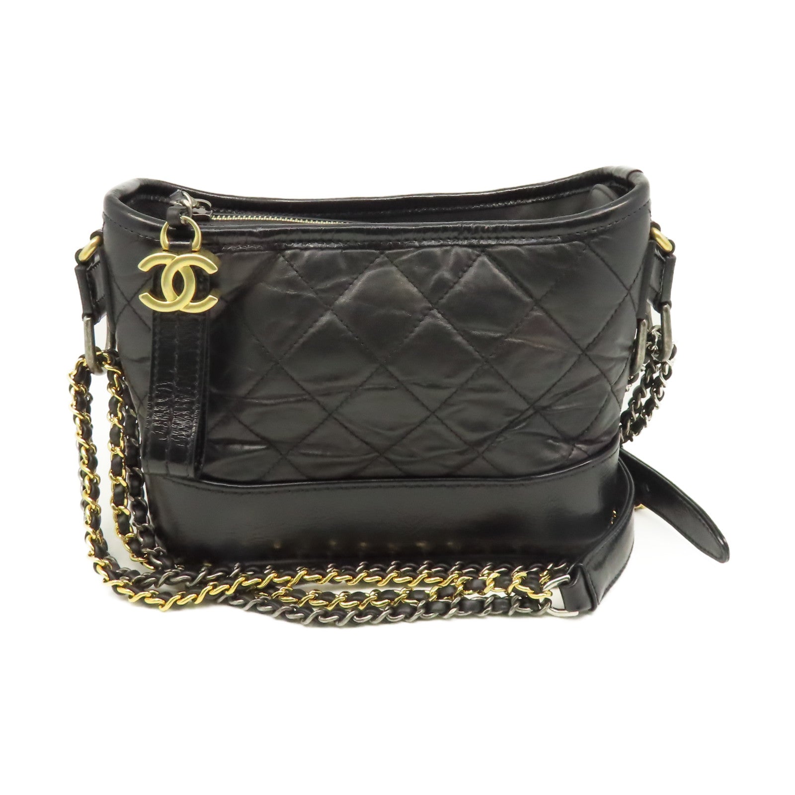 CHANEL 菱格牛皮皮革Gabrielle Hobo Small Chain Shoulder Bag金扣鏈帶肩背袋黑色