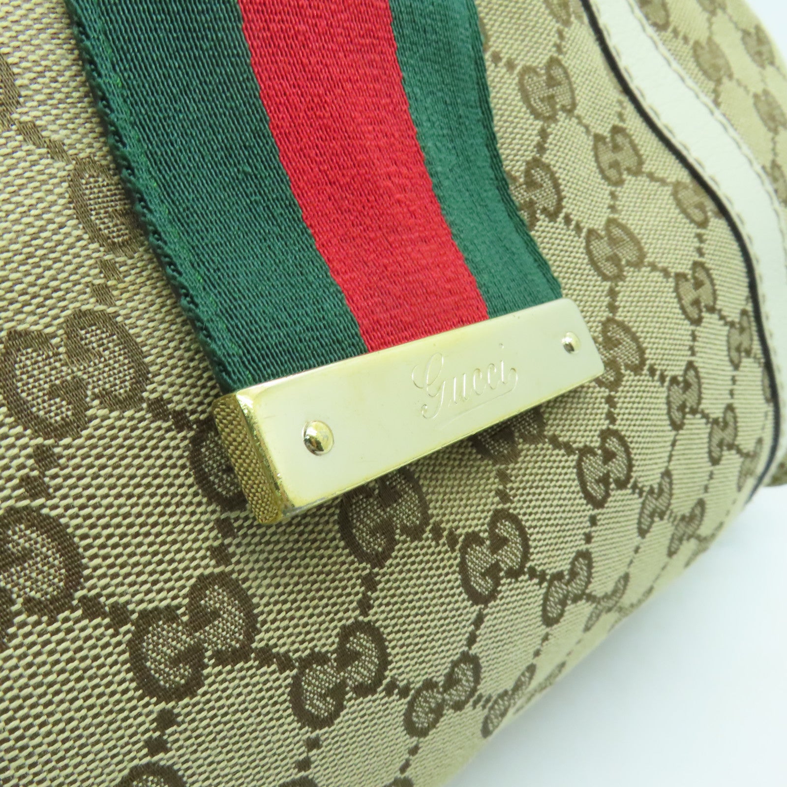 GUCCI 帆布Web Flap Tote金扣手挽袋棕色/白色