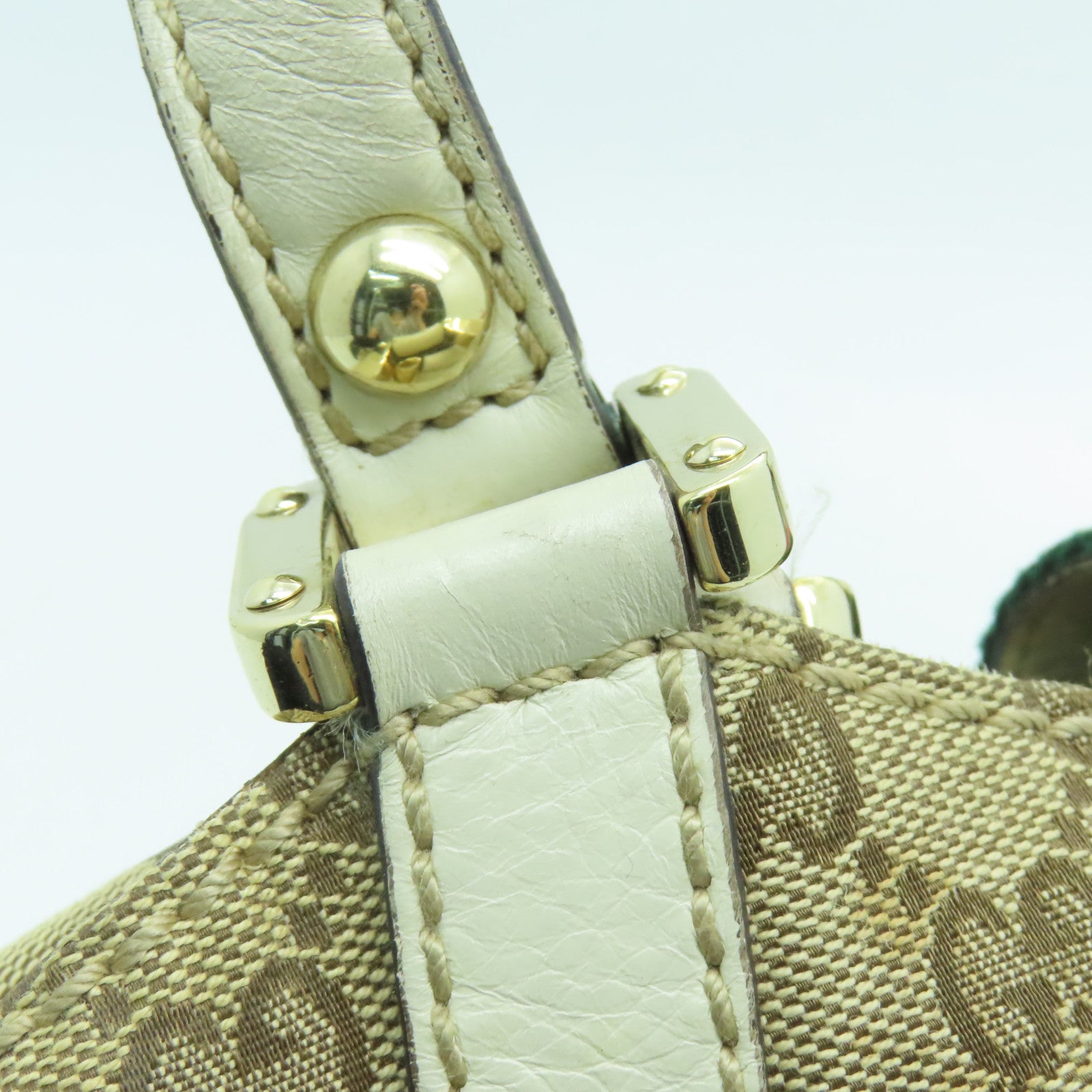 GUCCI 帆布Web Flap Tote金扣手挽袋棕色/白色