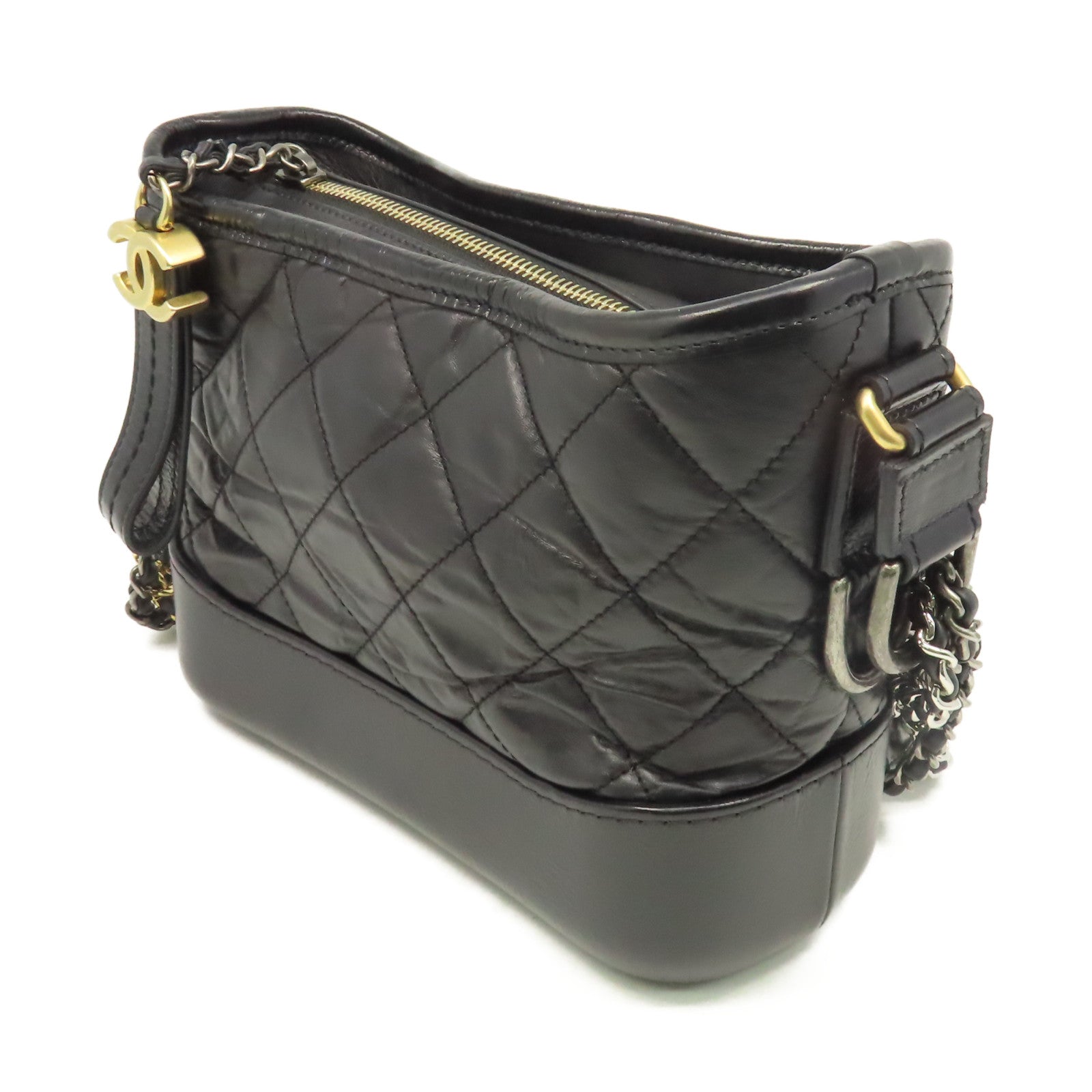 CHANEL 菱格牛皮皮革Gabrielle Hobo Small Chain Shoulder Bag金扣鏈帶肩背袋黑色
