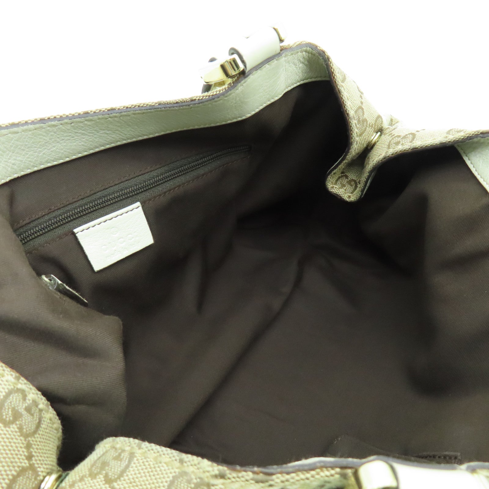 GUCCI 帆布Web Flap Tote金扣手挽袋棕色/白色