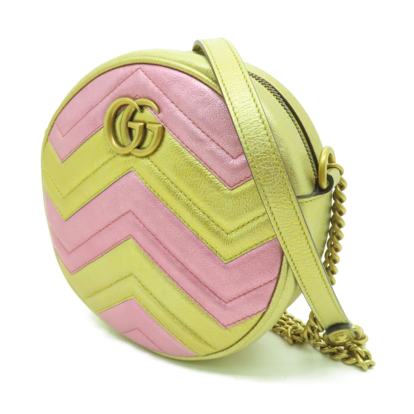 GUCCI 牛皮皮革GG Marmont金扣鏈帶肩背袋金色/粉紅色