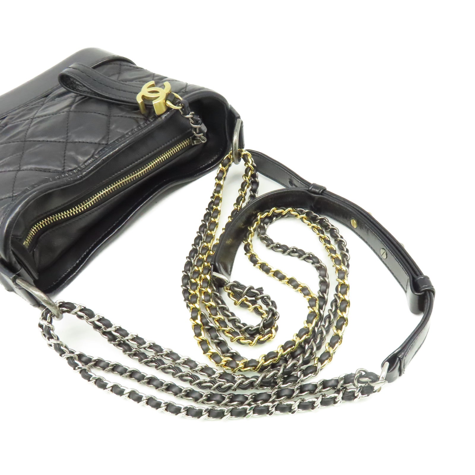 CHANEL 菱格牛皮皮革Gabrielle Hobo Small Chain Shoulder Bag金扣鏈帶肩背袋黑色
