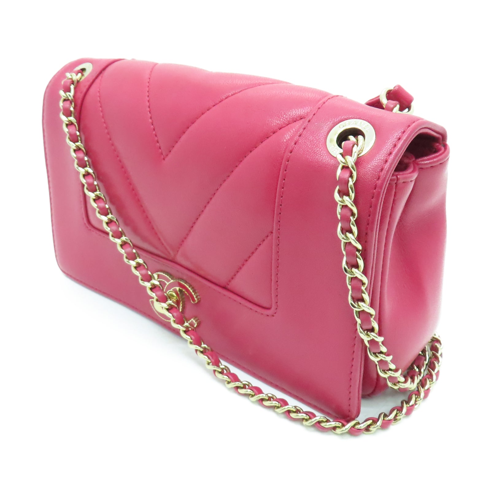 CHANEL 菱格牛皮皮革Chain Shoulder金扣鏈帶肩背袋玫瑰紅色