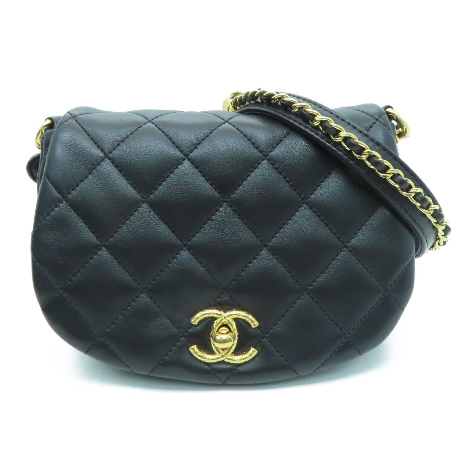 CHANEL 菱格羊皮皮革Chain Shoulder Bag金扣链带肩背袋黑色
