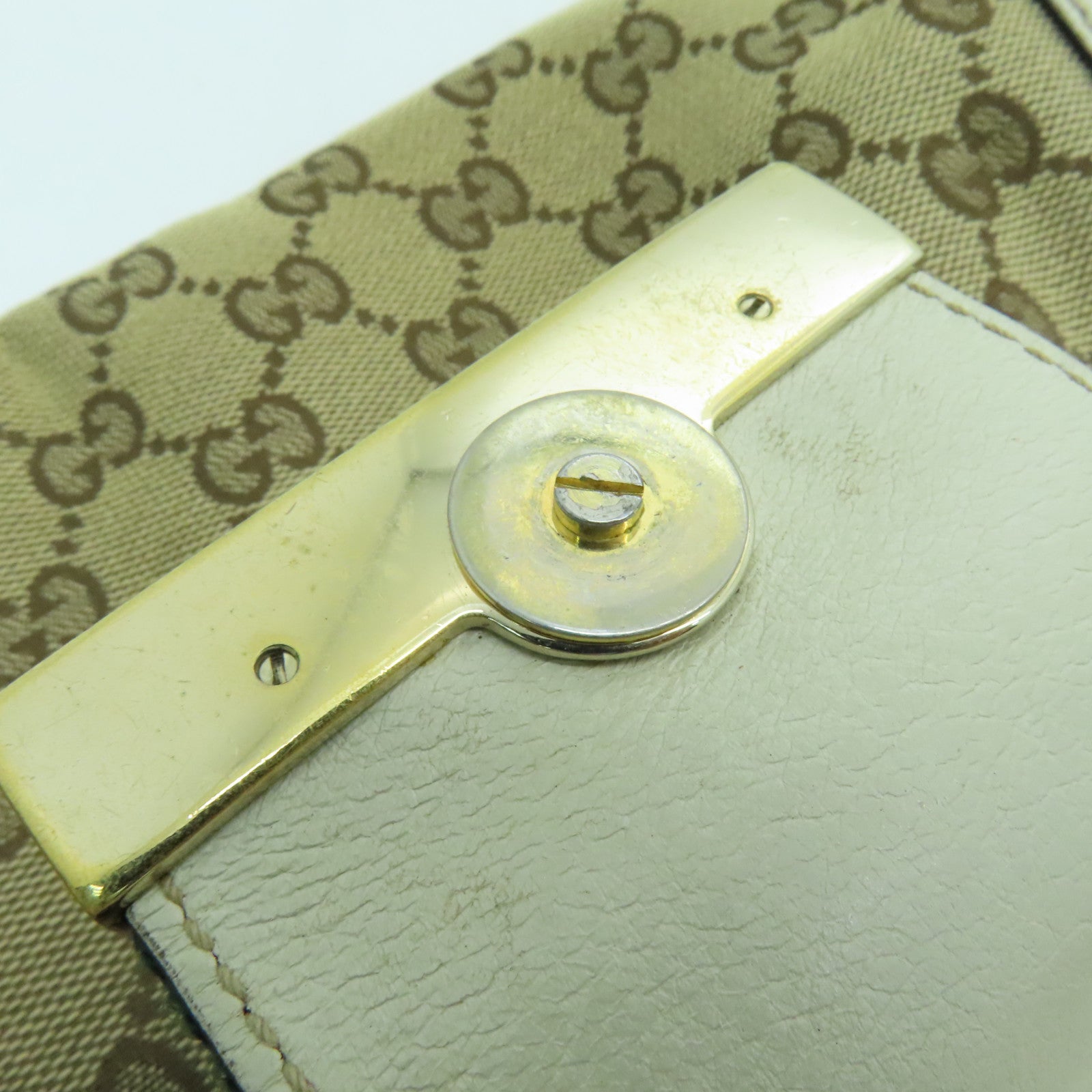 GUCCI 帆布Web Flap Tote金扣手挽袋棕色/白色