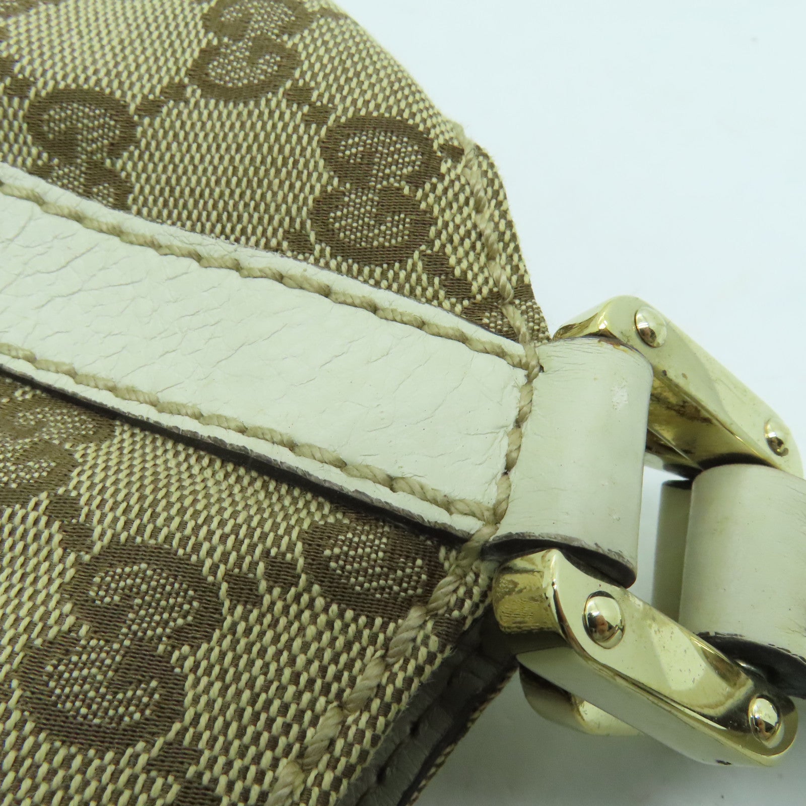 GUCCI 帆布Web Flap Tote金扣手挽袋棕色/白色