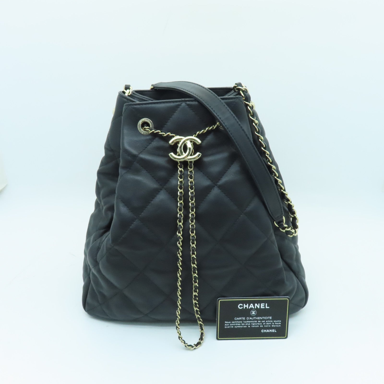 CHANEL 菱格牛皮皮革Chain Shoulder Bag金扣鏈帶肩背袋黑色